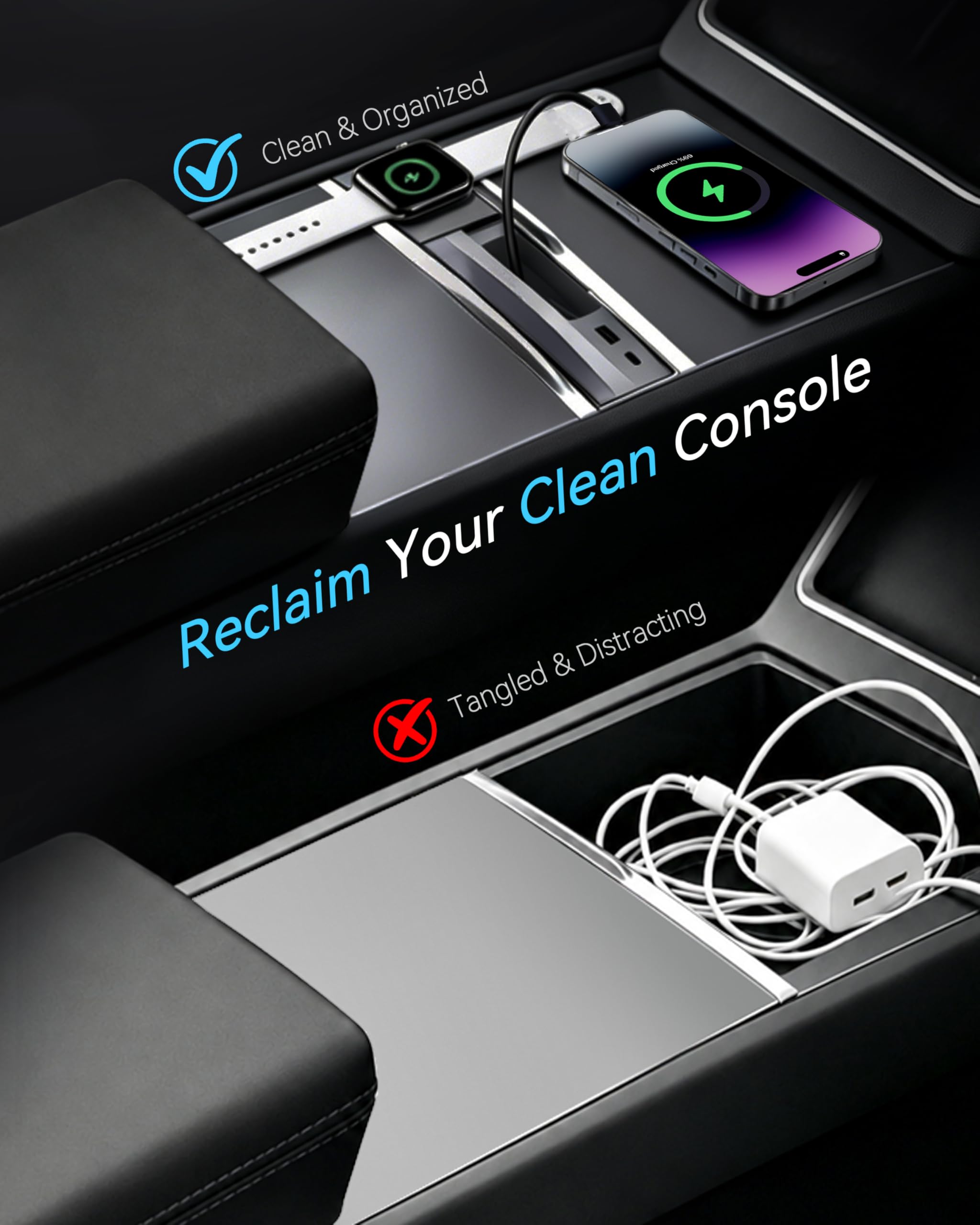LOWEEY Hub USB per Tesla Model Y Juniper 2025-2026 e Model 3 Highland 2024-2026 Accessori, caricabatterie per telefono retrattile con pad magnetico e doppi adattatori, docking station per console