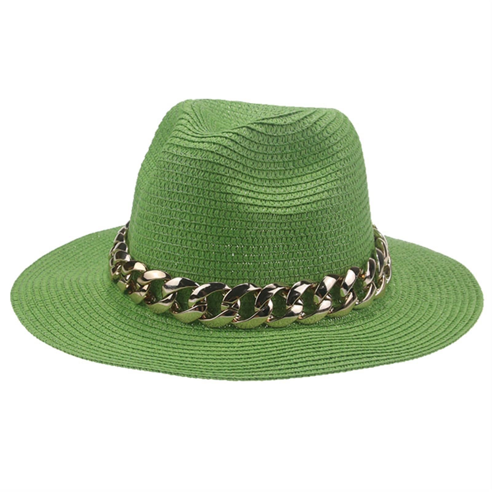DiJiaXie DiJiaXie Sun Sombreros Hombres Mujeres Paja Oro Cadena Banda cinturón Mujer Verano Sombreros Primavera Negro Khaki Playa Casual Verano Sombreros (Color : Green)