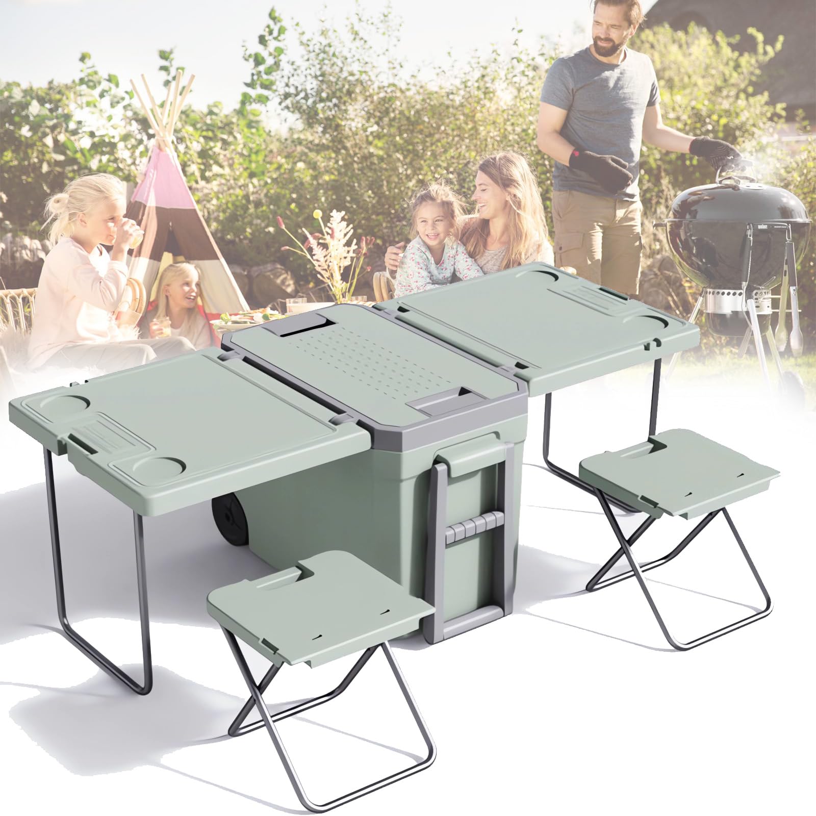 Raffreddatore isolato su ruote, 32 l, portatile, con tavolo e sedia pieghevoli, ideale per campeggio, attività all'aperto, refrigerazione e conservazione multifunzione