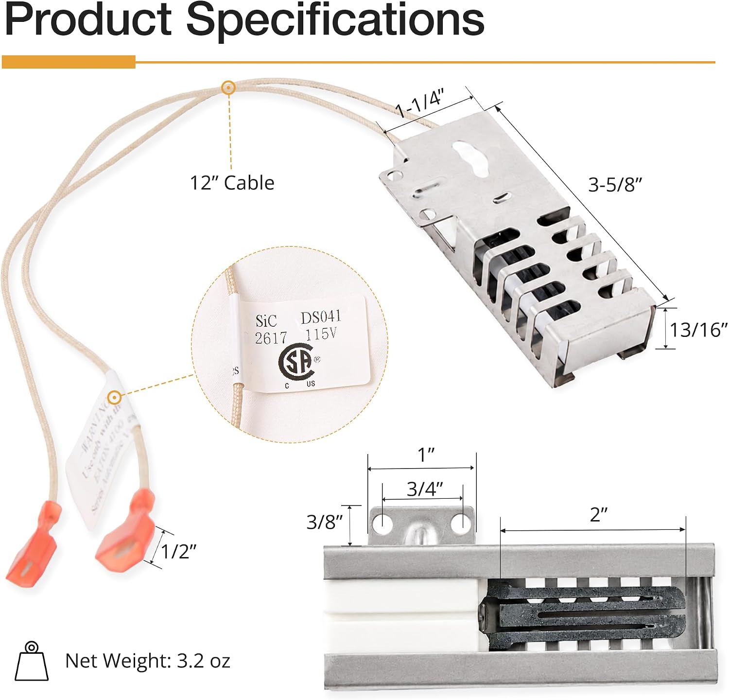 Awoco Gas Range Oven Igniter SiC DS041 Use with EATON 4100 Automatic Valve for Janska, Awoco and Other Stoves - 115V CSA Approved