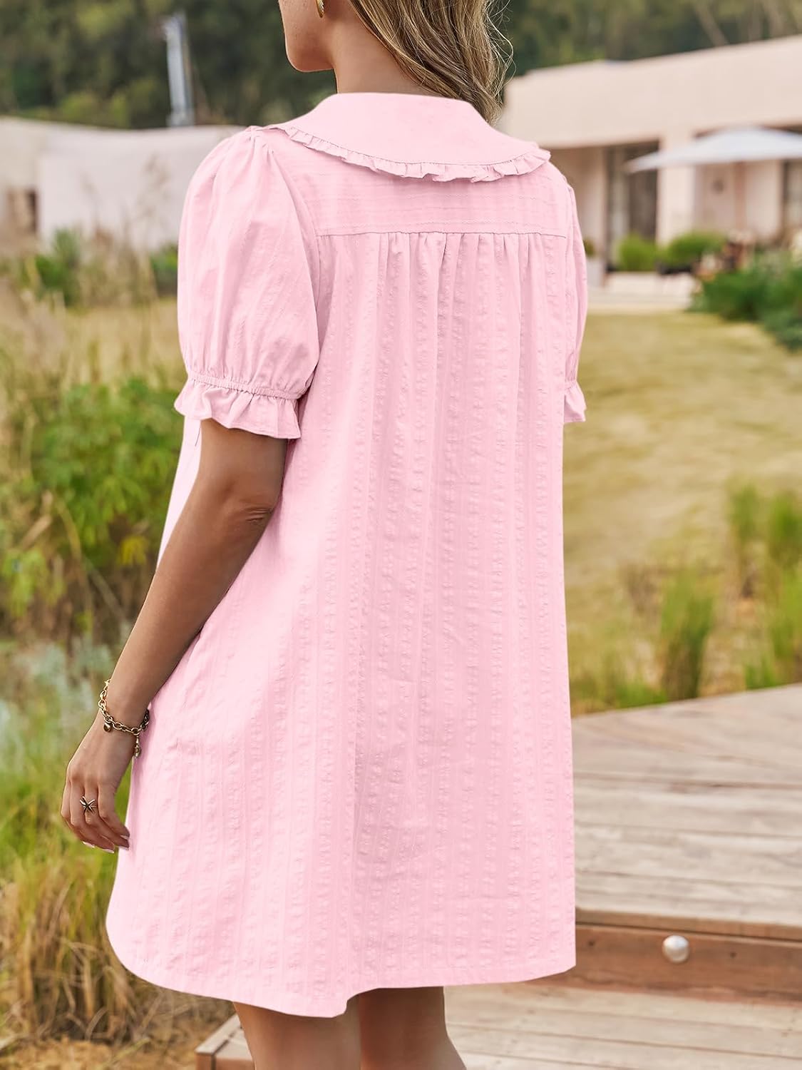 Cicy Bell Womens Puff Sleeve Peter Pan Collar Mini Shirt Dress Button Down Summer Casual Textured Short Dresses with Pockets - Image 5