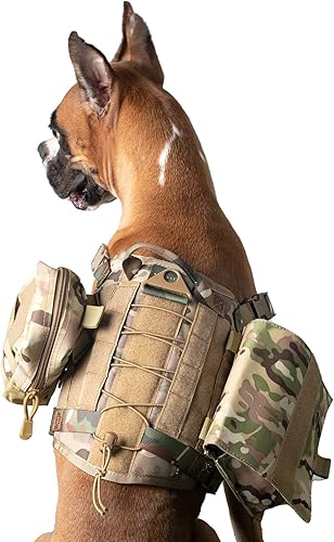 Kitgo Arnés táctico para perro con bolsas, arnés de chaleco para perros grandes y medianos con gancho y bucle, arnés militar ajustable y correa para