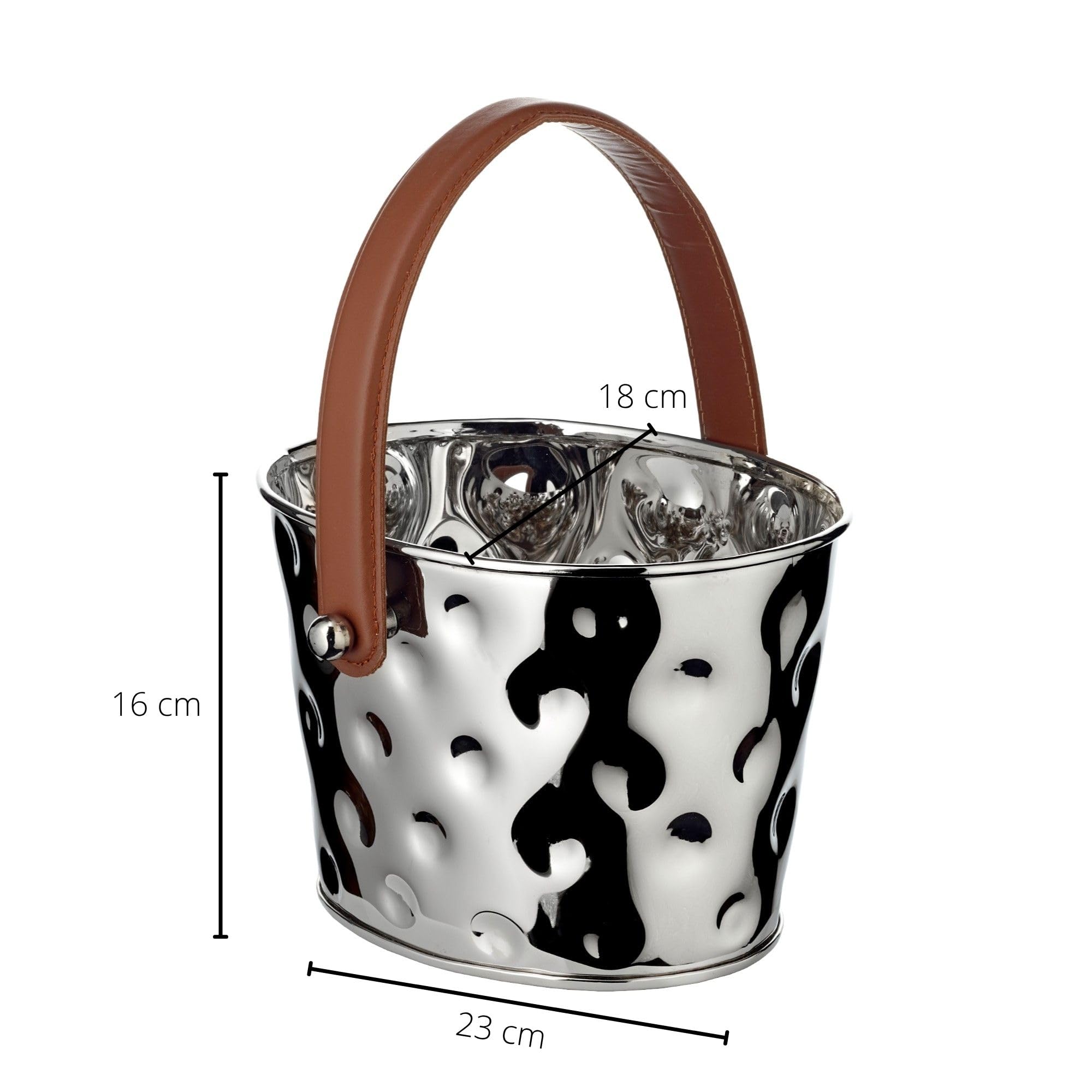 EDZARD Champanera Gideon (23 x 18 cm, H 16 cm), acero inoxidable niquelado, martillado, con asa de cuero vegano – enfriador de vino, enfriador de botellas, cubitera