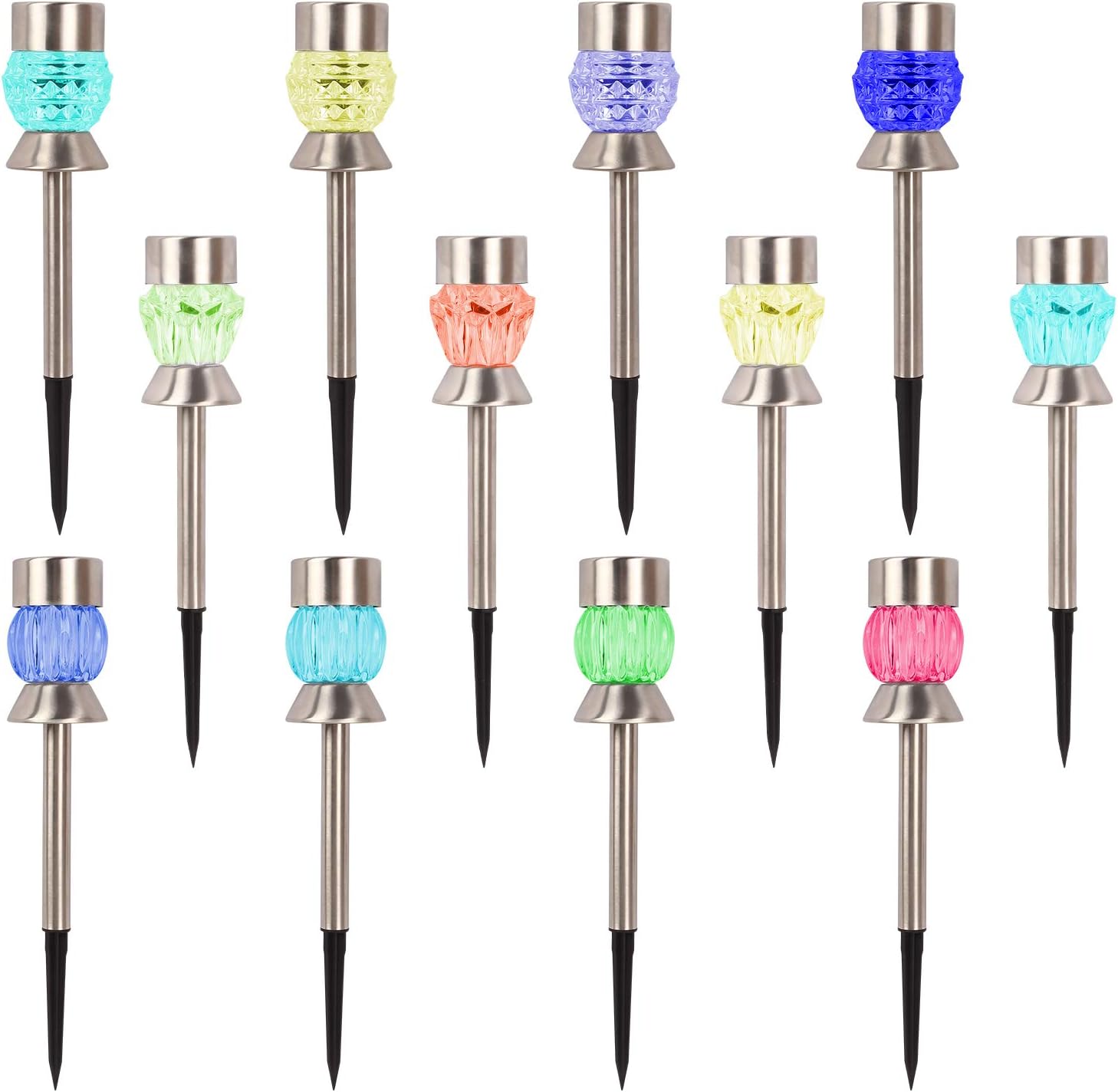 Solar light 12 Packs LED Solar Light Outdoor with 7 Color Changing& 3 Shapes, Stainless Steel Outdoor Solar Lights- IP55 Waterproof, Solar Pathway Lights, for Patio, Walkway, Lawn, Yard and Driveway