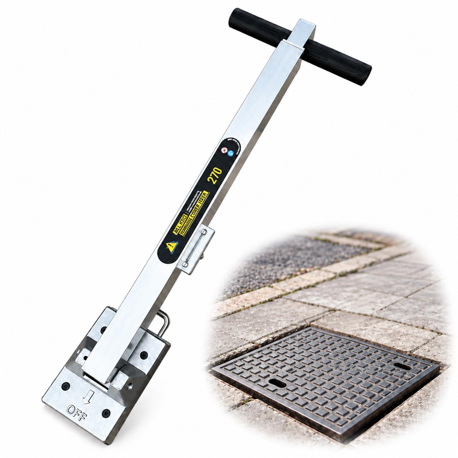 Alzachiusini Magnetico Professionale, Forza Magnetica 270 kg, Manico telescopico, Ruota d'appoggio e Magnete al neodimio per chiusini in ghisa