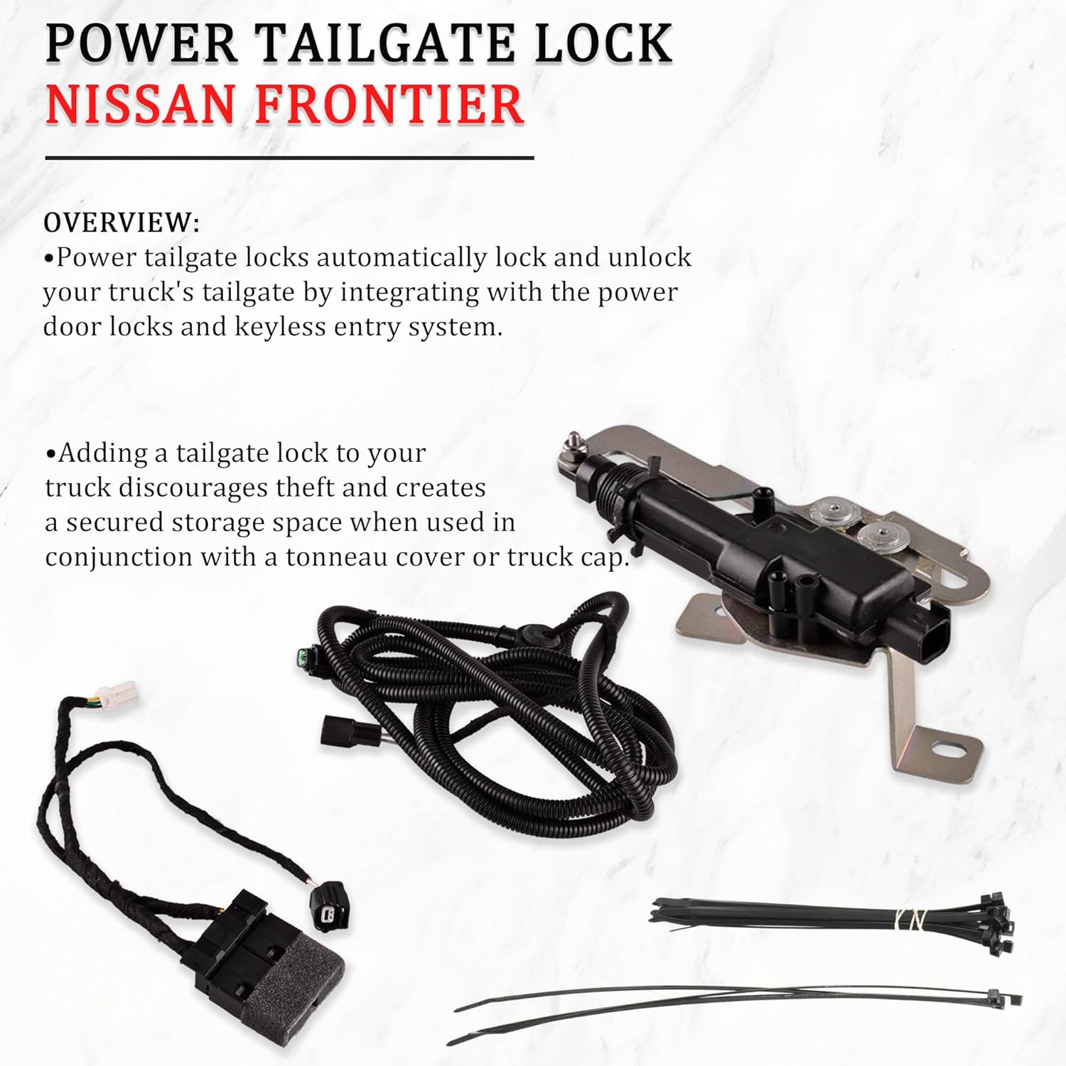 Power Tailgate Lock Kit Compatible with 2022-2024 Nissan Frontier (All Except S Grade), with Plug and Play Wiring Harness Black