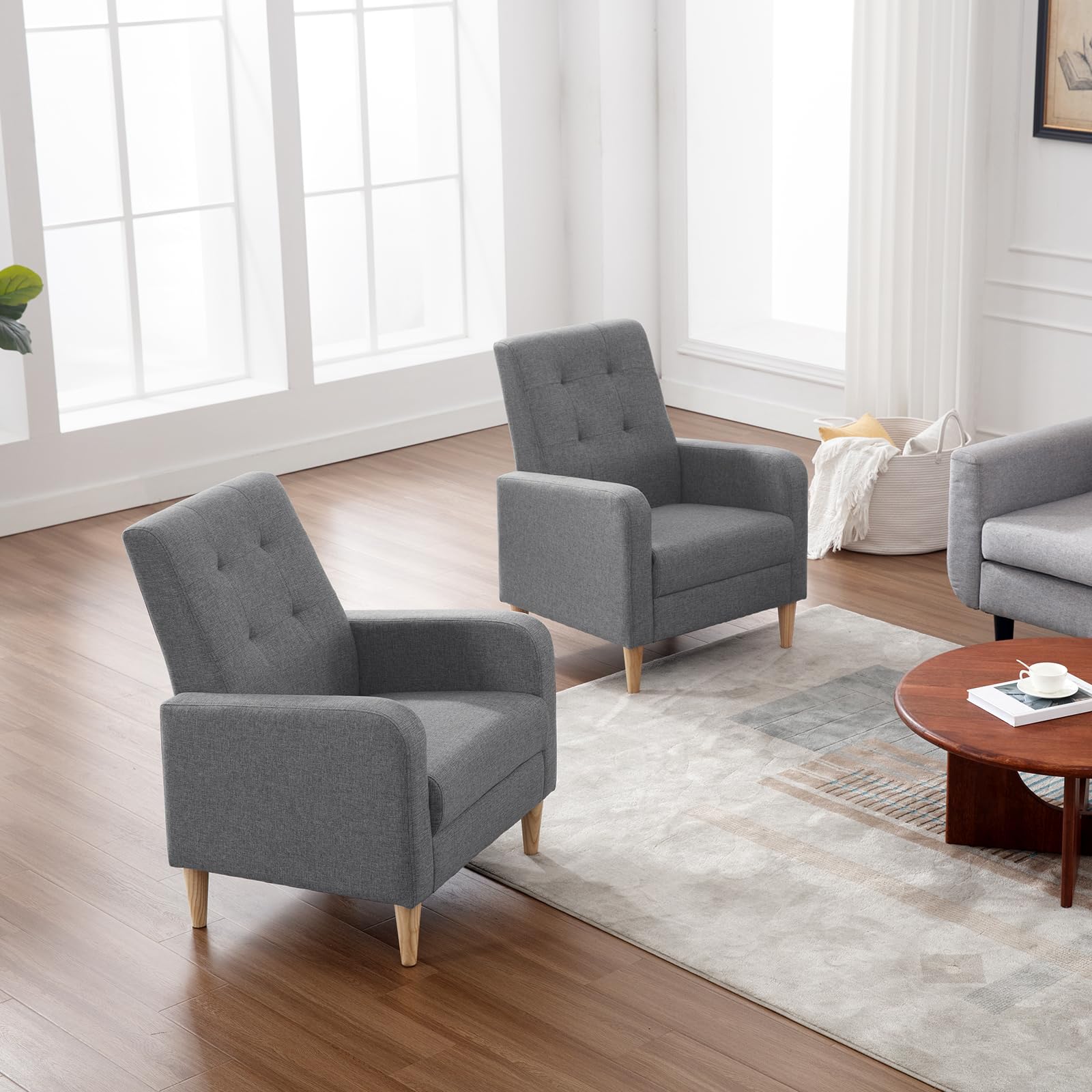 WOLTU Fauteil Salon, Fauteuil Relax à Dossier Haut, Chaise de Relaxation avec Pieds en Bois Massif, Accoudoirs, Siège Rembourré, Revêtement en Lin, pour Salon, Bureau, Gris Foncé, SKS41dgr