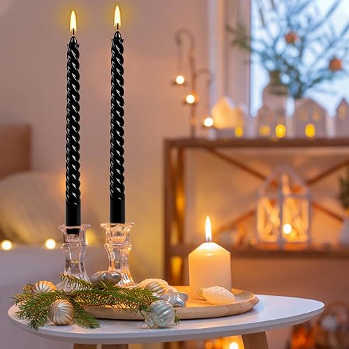 Miniatura 6 de Juego de velas cónicas en espiral negras de 10 pulgadas, paquete de 12 velas sin perfume sin goteo para Halloween, cena, fiesta, cumpleaños, boda y