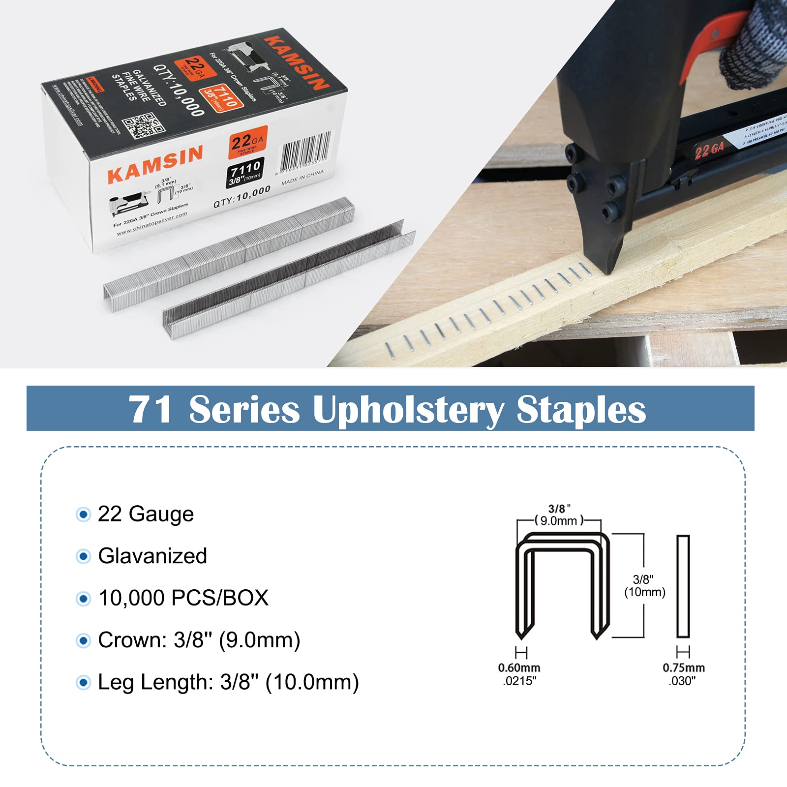 Kimsing Grapas galvanizadas para tapicería de calibre 22, serie 71, corona de 3/8 pulgadas de largo, grapas de alambre fino, grapas para muebles, 10.000 unidades por caja (20)