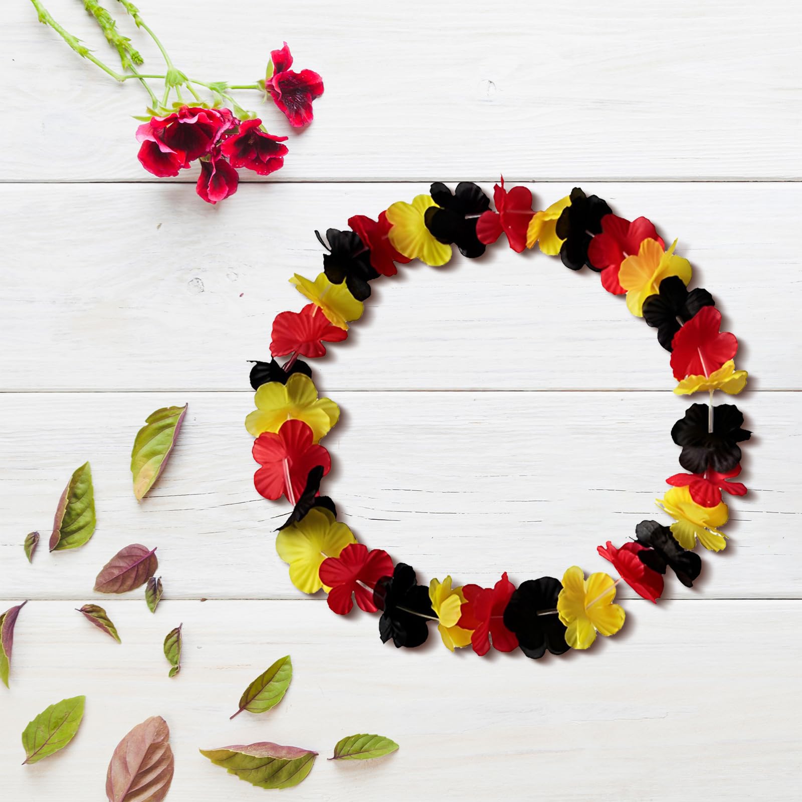 Simsky Lot de 20 Colliers de Fleurs pour Fans de l'Allemagne : 5 Chaînes Hawaïennes, 5 Bandeaux, 10 Bracelets en Noir, Rouge et Jaune