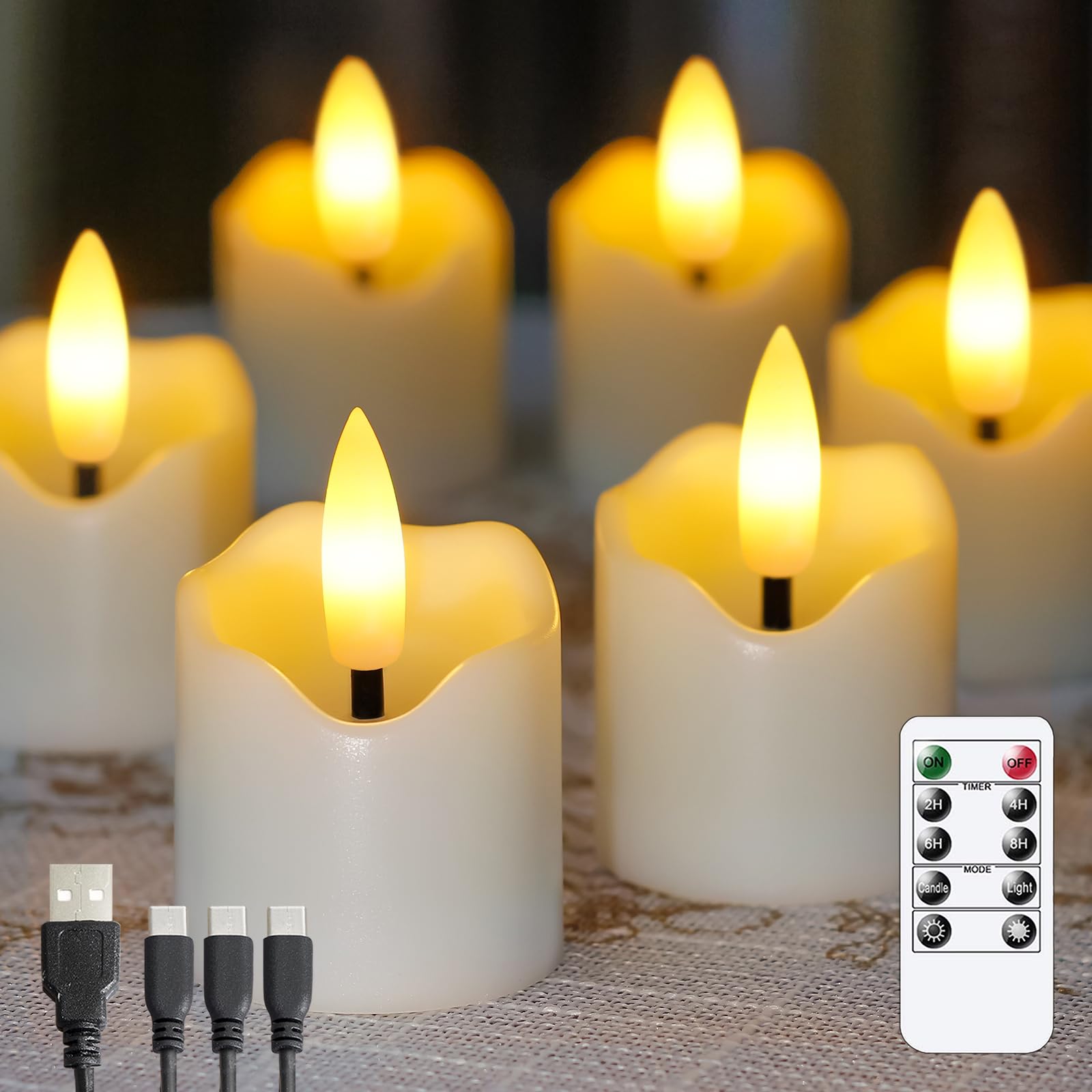 Rechargeable Flameless LED Remote 1.6" x2.3" Tea Light Candles, Flickering Fake Plastic Ivory Cycle Timer 6 Pack Small Mini Votive Tealight Candles with Charging Cable