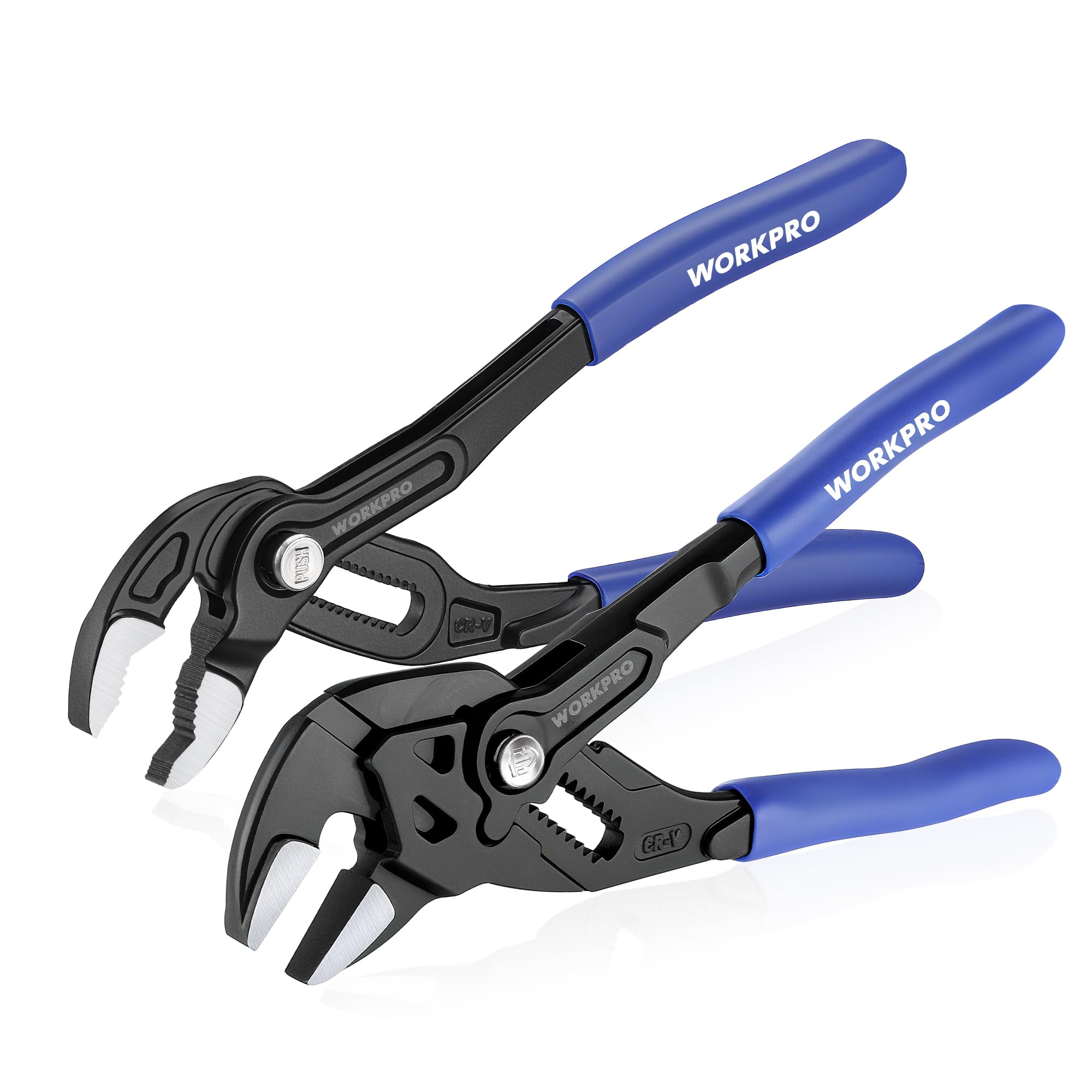 WORKPRO 2-Piece 7-Inch Pliers Wrench & Groove Joint Pliers Set, Quick Adjustment, CR-V Steel, Smooth Jaw & V-Jaw, Upgraded Wide Opening, Soft Grip -