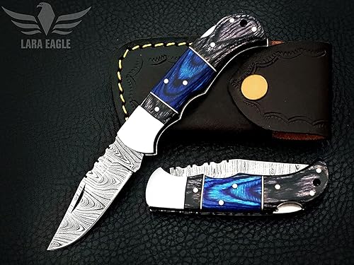 Miniatura 8 de Lara Eagle Cuchillo de bolsillo personalizado de Damasco para hombres, cuchillos de caza plegables hechos a mano de acero sólido multicapa con