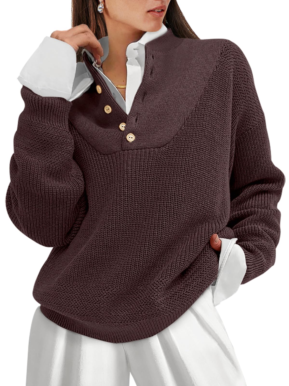 ANRABESS Women's Casual Long Sleeve Buttons V Neck Oversized Knitted 2023 Fall Trendy Pullover Sweaters