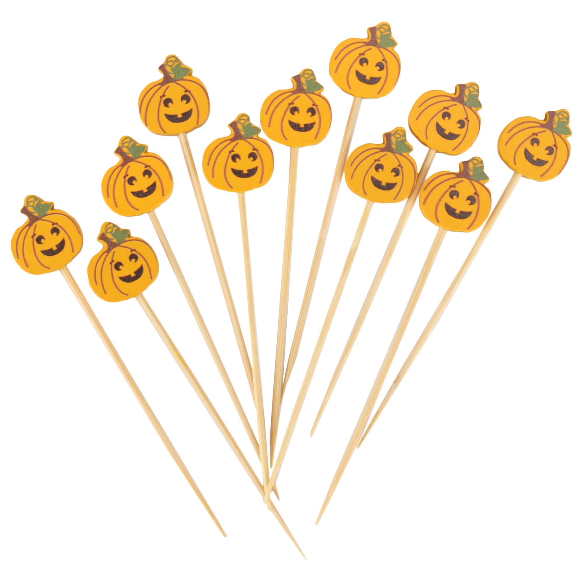 Autumn Fall Pumpkin Halloween Thanksgiving Jack-O-Lantern Appetiser, Food, Drink, Dessert, Cupcape Topper, Bamboo Picks - 3.9" (10cm) - 100pcs