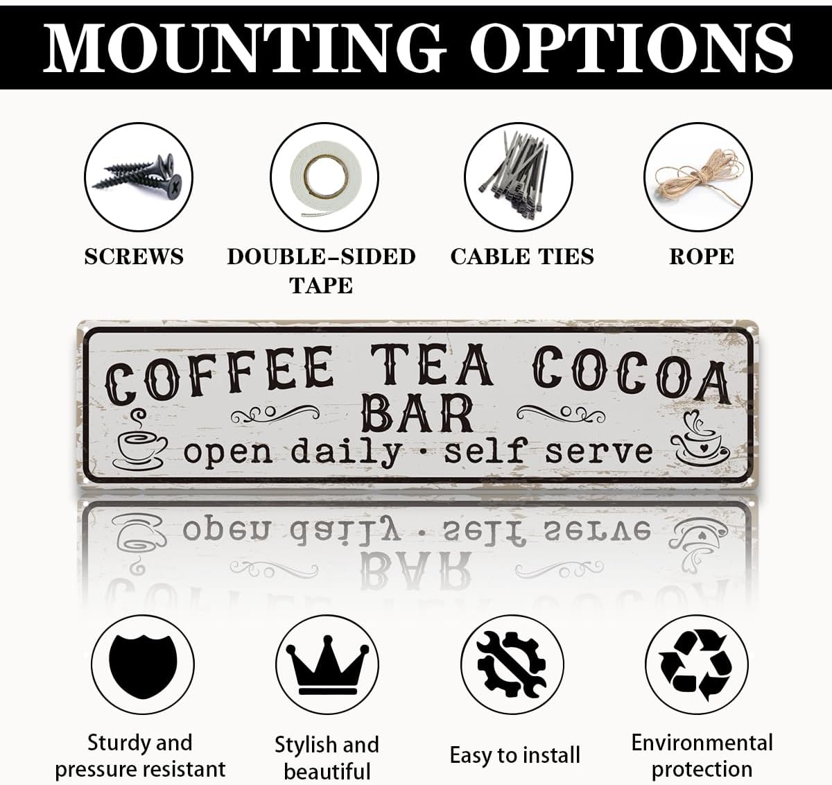 Coffee Signs for Wall, Coffee Tea Cocoa Bar Sign, Retro Metal Tin Sign, Vintage Coffees Bar Decor, Home Decor for Kitchen, Coffees Corner Decoration, Decorative Metal Wall Signs 15.8x4 Inches