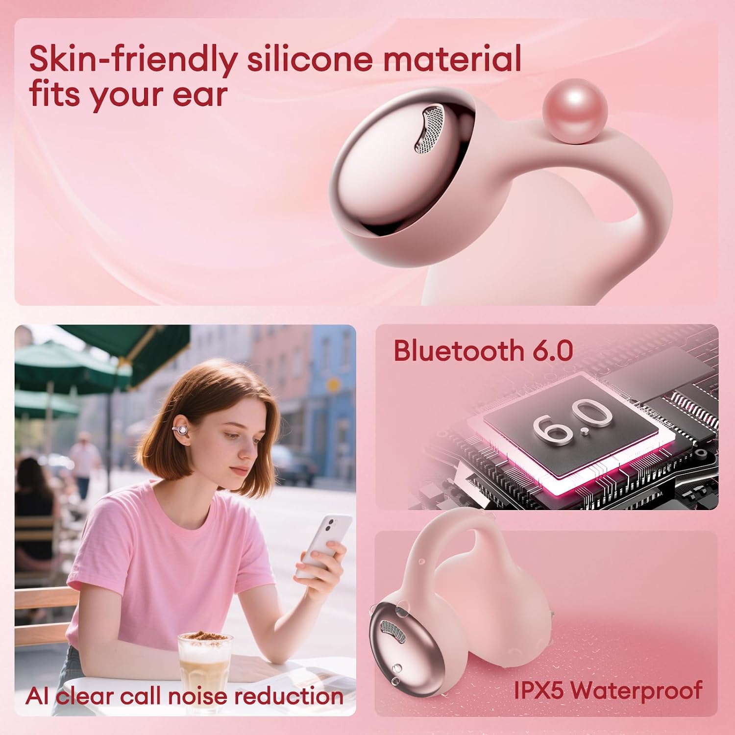 PAXA 2026 Open Ear Clip On Earbuds with LED Display, Ultra-Light Comfort Bluetooth 6.0 Wireless Clip On Ear Buds 50H Playtime Responsive Touch for Women Girl Work, Fitness, Daily Use, MGC11 Rose Gold