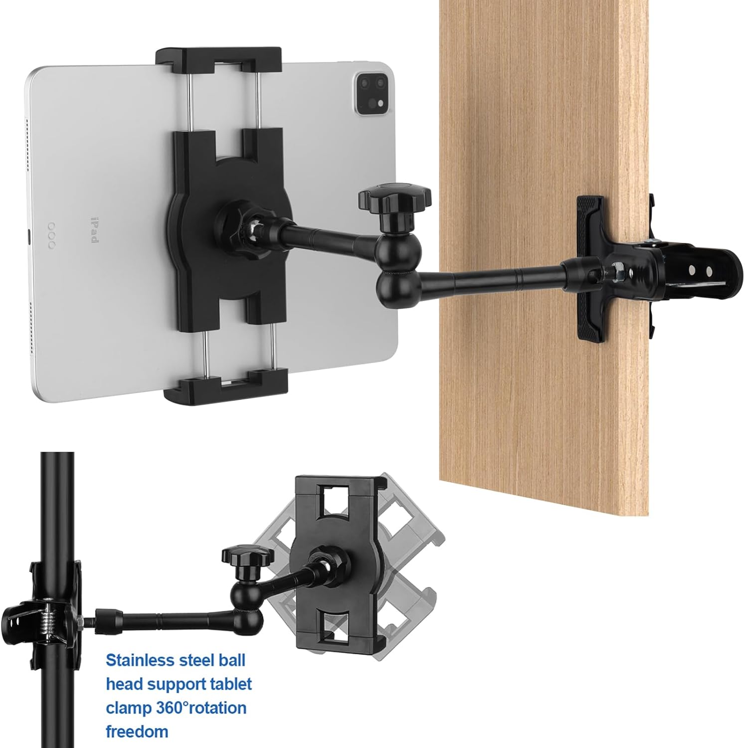 Mippko Tablet Holder for Desk/Table/Easel/Board/Shelf,360° Adjustable Aluminium Alloy Arm Metal Clamp iPad Mount,Compatible with 7~12.9" iPad/Nexus/LG G Pads/e-Reader/Switch