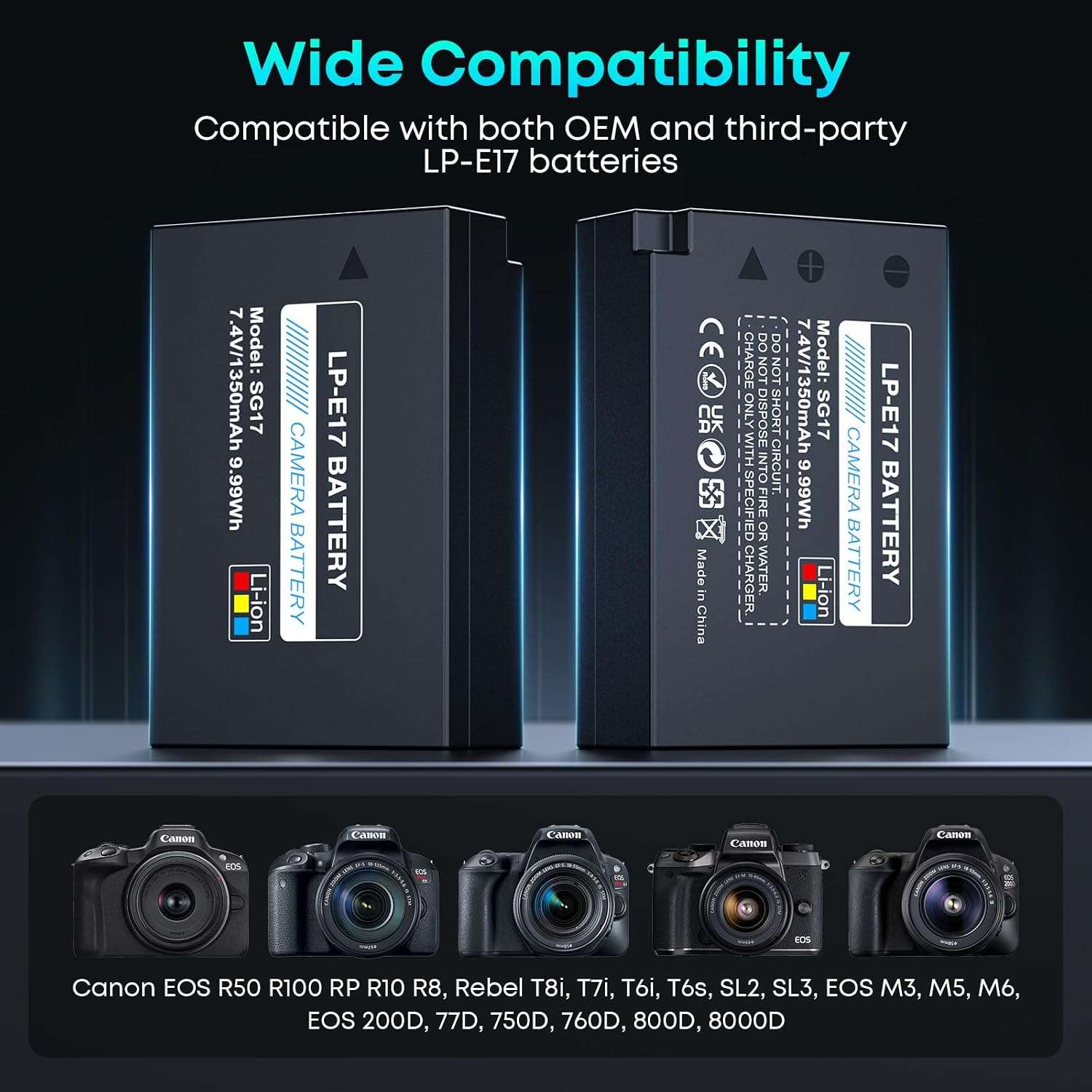 LP-E17 Battery 1350mAh (2-Pack) with PD 20W USB Fast Charger & LED Display, Set for Canon R50 R100 RP R10 R8, Rebel T8i T7i T6i T6s SL2 SL3, M3 M5 M6 II, 77D 200D 750D 760D 800D 8000D