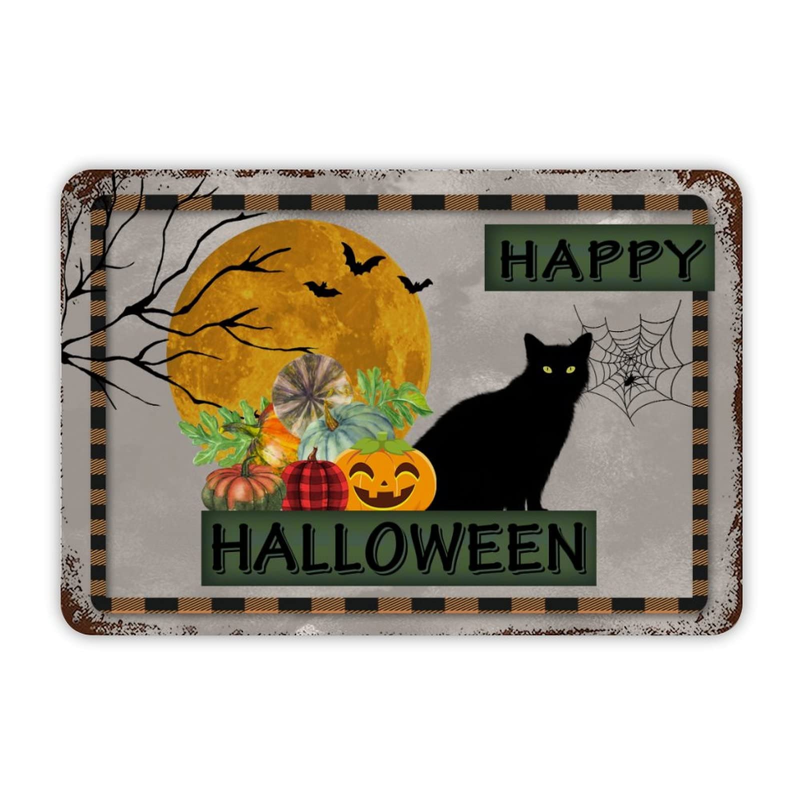 ENEDNATE Farmhouse Rustic Aluminum Sign Happy Halloween Cat Pumpkins Metal Sign Retro Aluminum Tin Sign for Kitchen Bedroom Living Room Wall Art Door Hanger Home Decor Sign 8x12 Inch