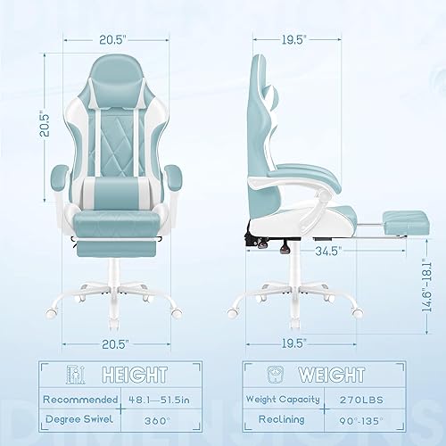 Miniatura 3 de Silla de juegos Shahoo con reposapiés y soporte lumbar de masaje, asiento de computadora de oficina ergonómico, altura ajustable con reposacabezas,