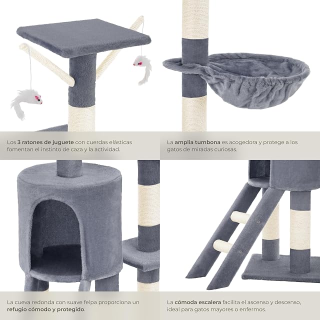 Foto 4 de 8 de tectake® Arbol Rascador para Gatos, Rascador 144cm, Caseta, Varias Alturas, 3 Ratones de Juguete, Nido…