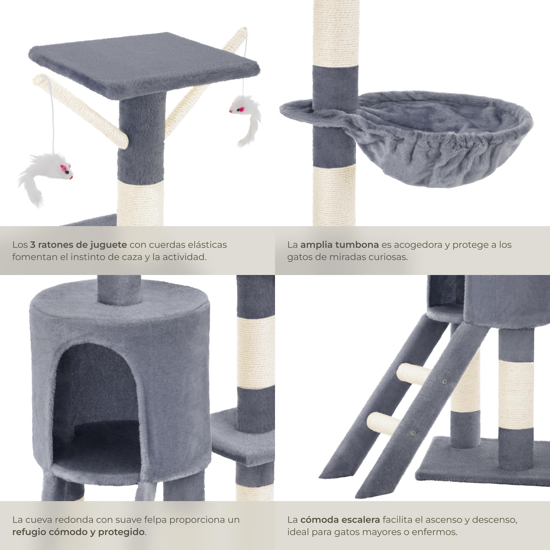 tectake® Arbol Rascador para Gatos, Rascador 144cm, Caseta, Varias Alturas, 3 Ratones de Juguete, Nido, Protección Antivuelco, Estructura Robusta, Rascador Gato - Gris