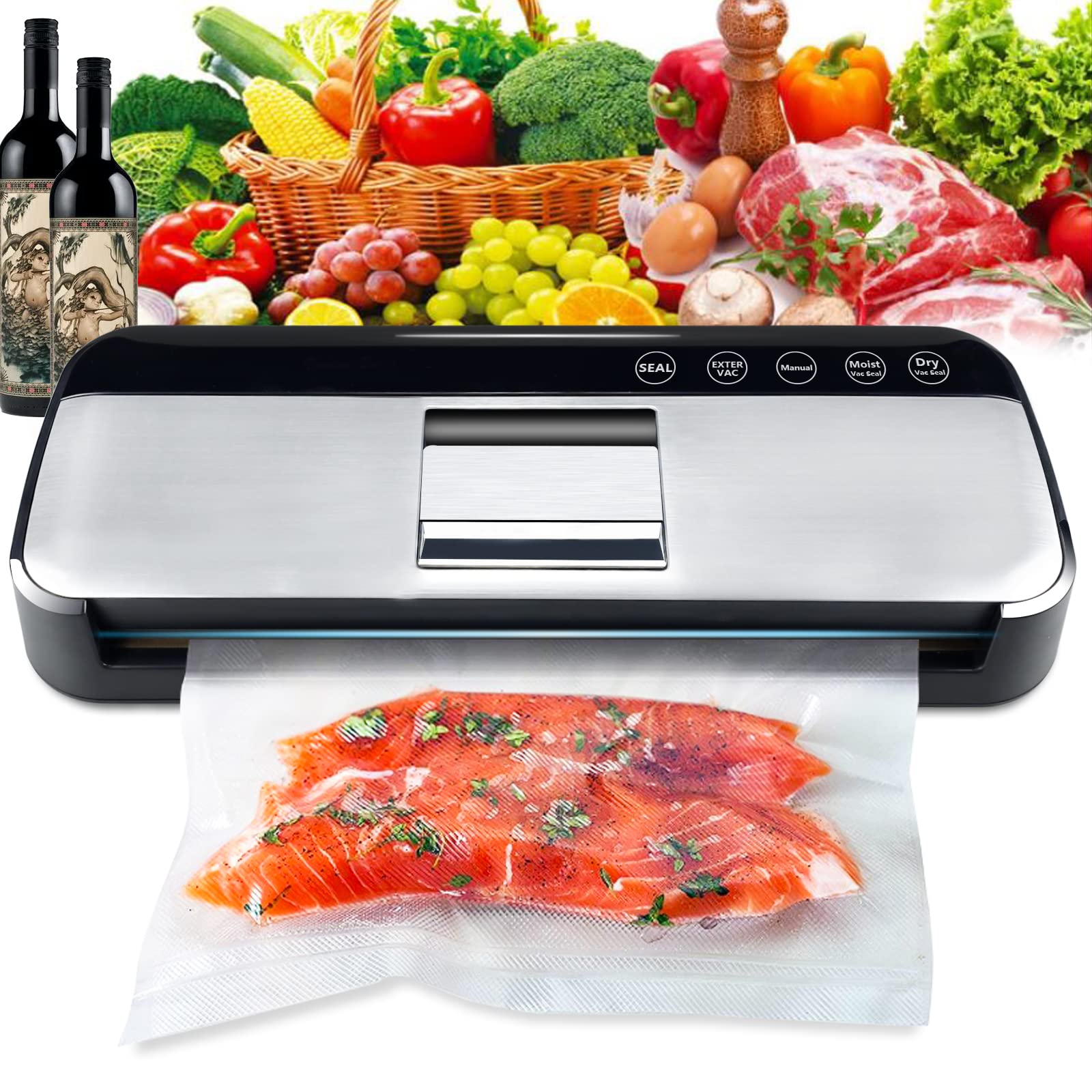 Vacuum Sealing Machine, Automatic Food Sealing Machine. Air Sealing System for Vacuum Bag/Can Food Preservation, Wet and Dry Mode, Dual Pump Suction85kpaFully Automatic Cap-Free, 16-Piece Starter Kit