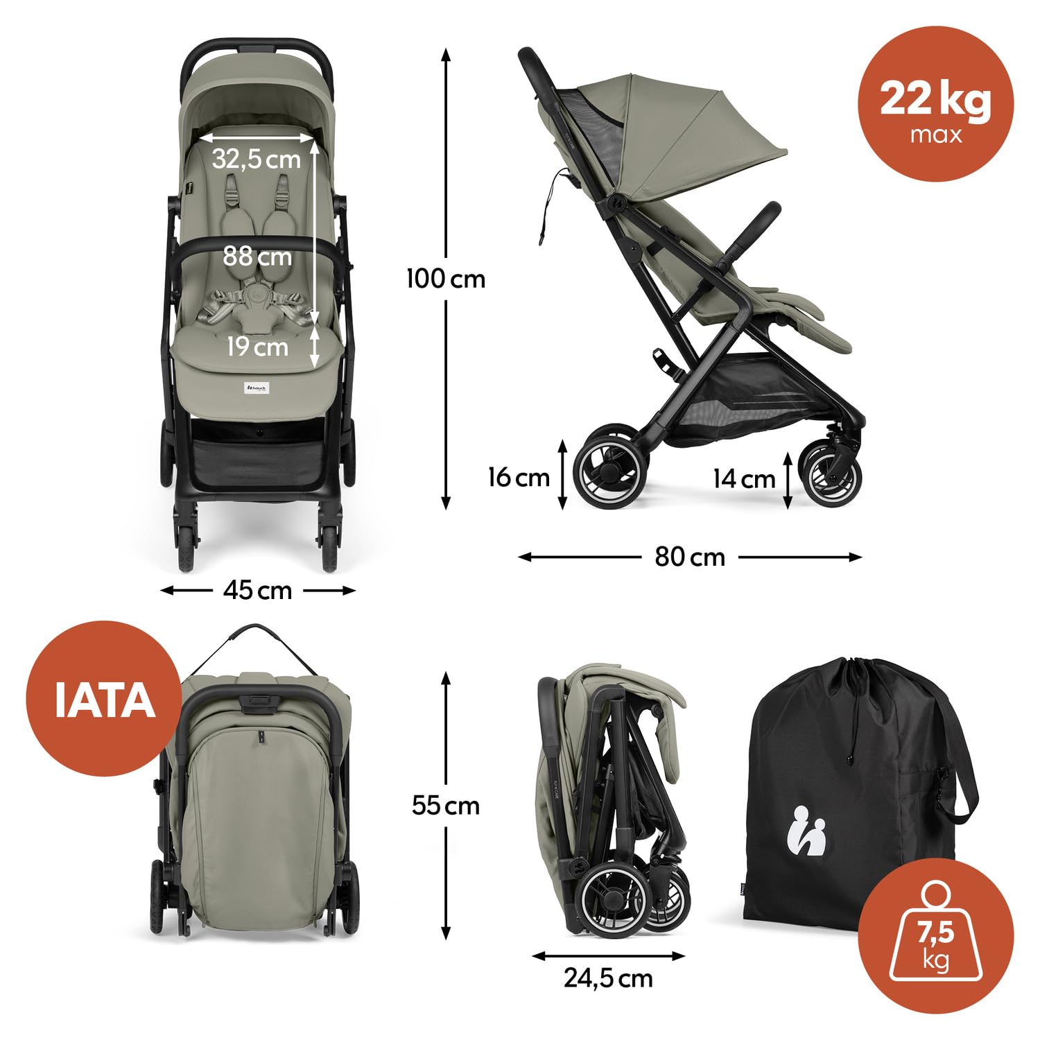 hauck Fly N Care Poussette Canne Ultra Compacte et Légère, Poussette Voyage Pliable Une Main, Position Allongée dès Naissance jusqu'à 22 kg, UV 50+, Adaptateurs Cosy, Sac de Transport - Vert Sauge