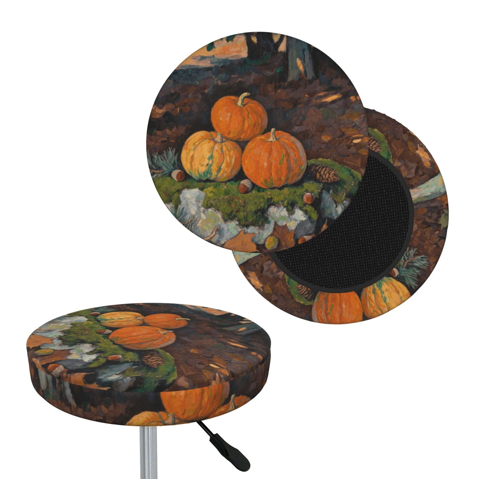 FekiLoot Leaves Pumpkin Round Bar Stool Covers Stretch Washable Bar Stool Covers Dustproof Slipcover Bar Chair Covers with Elastic Band for Bar Kitchen Living Room Decor 12 Inch