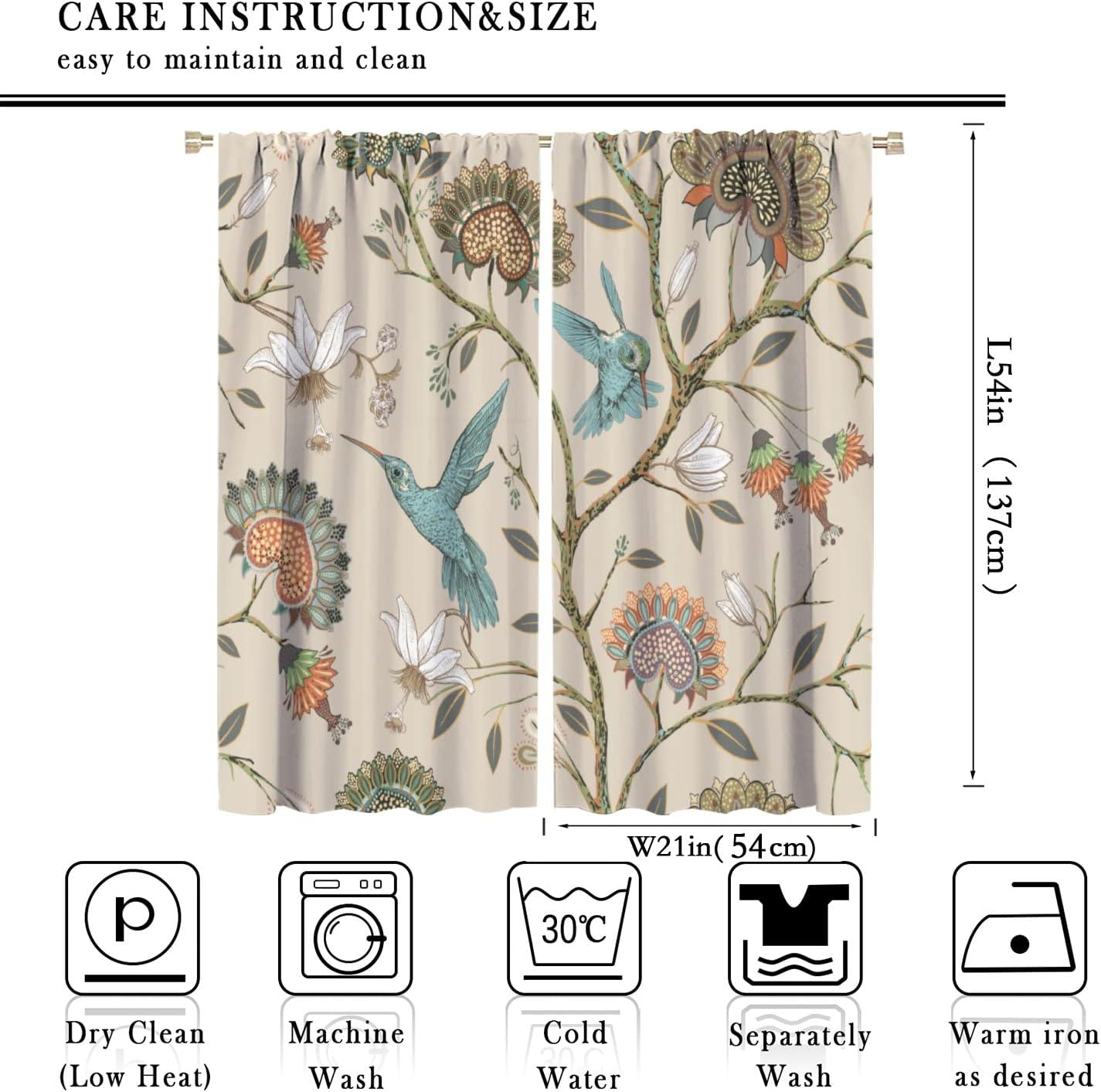 Floral Print Window Curtains,Bohemian Flower Birds Modern Style Room Darkening Door Window Rod Pocket Curtain for Living Room Bedroom Kitchen Bathroom W42xL54in