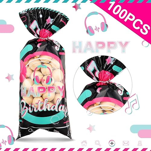 Miniatura 3 de 100 bolsas de celofán para fiestas musicales, color negro, rosa, azul, feliz cumpleaños, bolsas de plástico para dulces, bolsas de regalo con 100