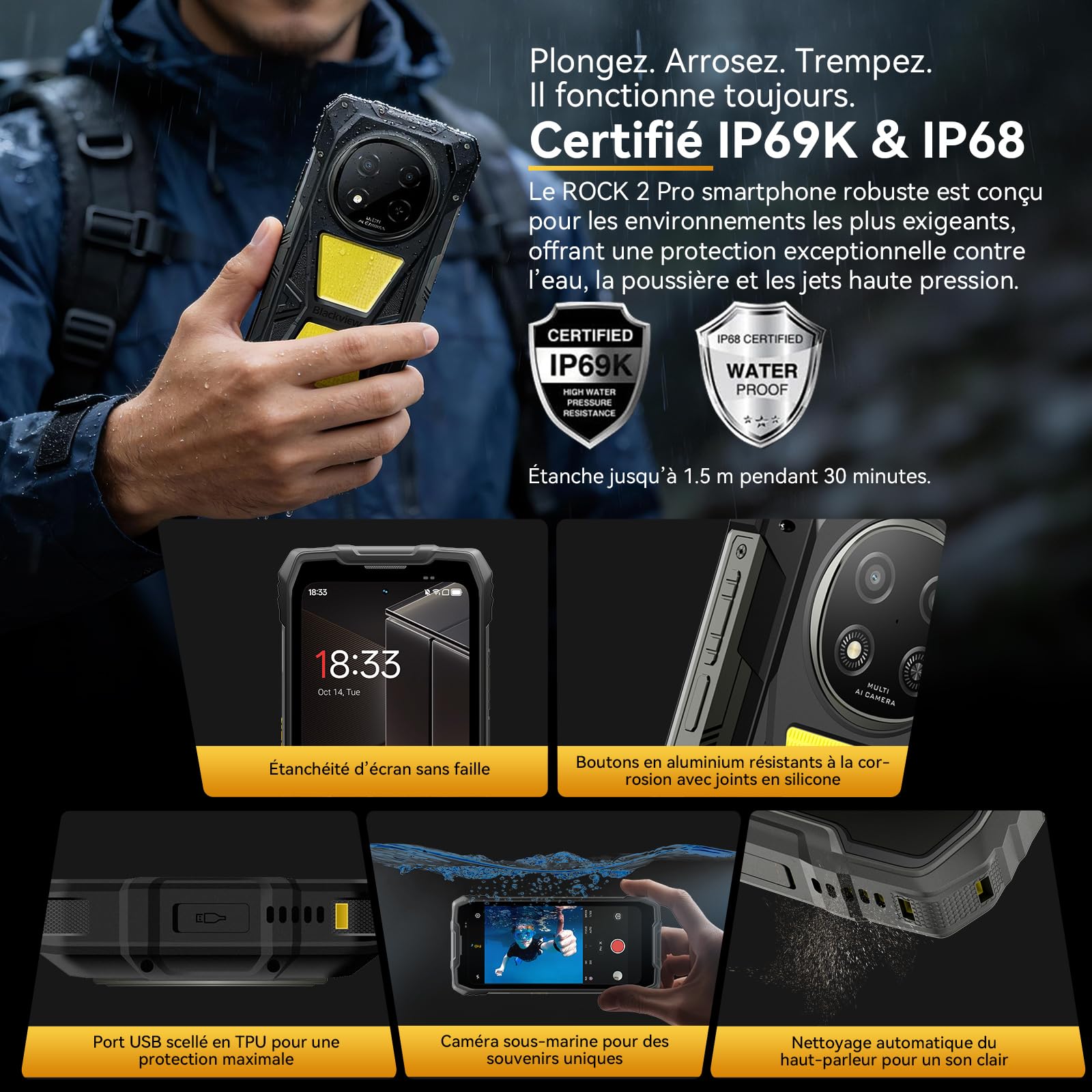 Blackview Rock 2 Pro Téléphone Incassable, Android 16 Smartphone Incassable 5G 32GB+256GB, 6.67" HD+ Display 120Hz 15000mAh IP69K, 16MP+13MP AI Kamera, NFC/OTG/GPS/Gemini AI/Glove Mode 2.0