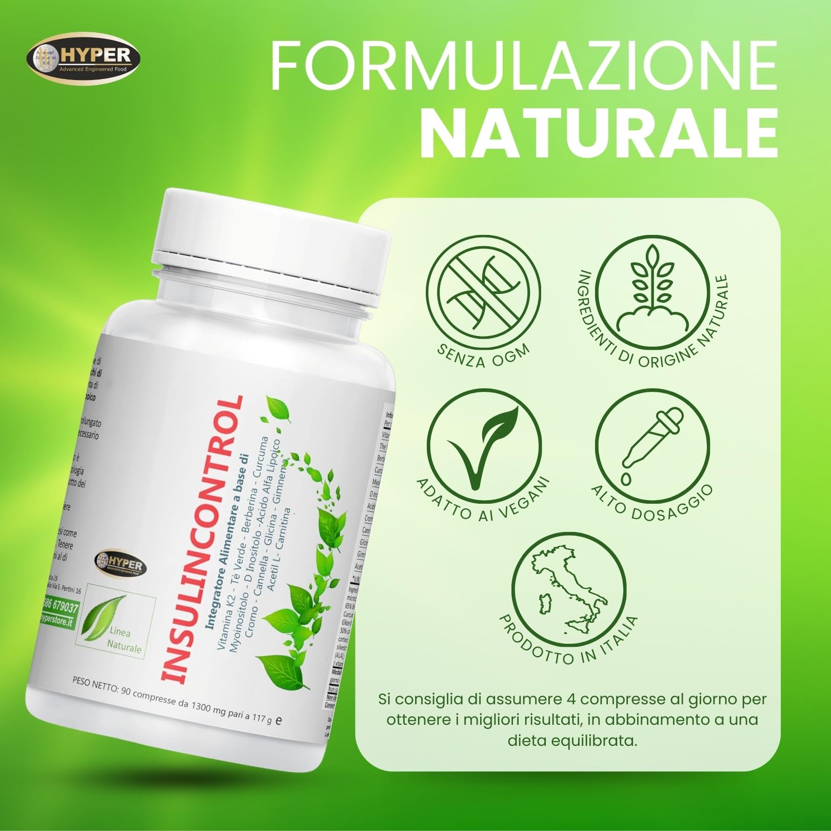 Hyper InSu Control 180 Cpr - Integratore con Berberina Cannella Gymnema Acido Alfa Lipoico Myo Inositolo Livello di Glicemia Metabolismo Mantenimento di Livelli Normali di Glucosio nel Sangue