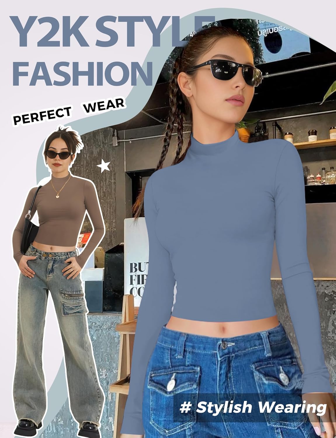 Womens Long Sleeve Crop Top Mock Turtleneck Sexy Slim Fitted Casual Base Layer Lightweight Soft Shirt Going Out Teen Sexy Top - Image 6