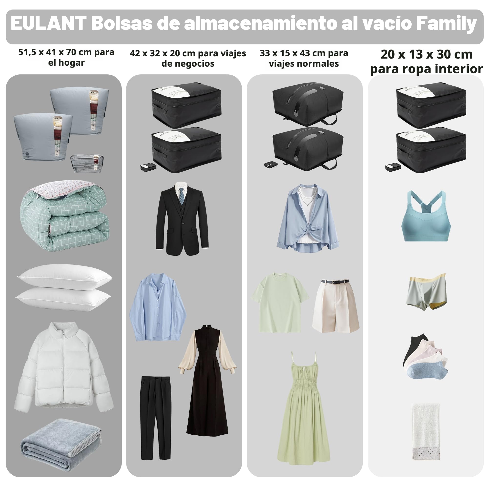 EULANT Grandes Bolsas de Nailon al Vacío para Ropa con Cremallera Hermética IP67, Bolsa de Compresión al Vacío Impermeable para Edredones/Mantas/Ropa de Cama, Reutilizable & Ahorra Espacio