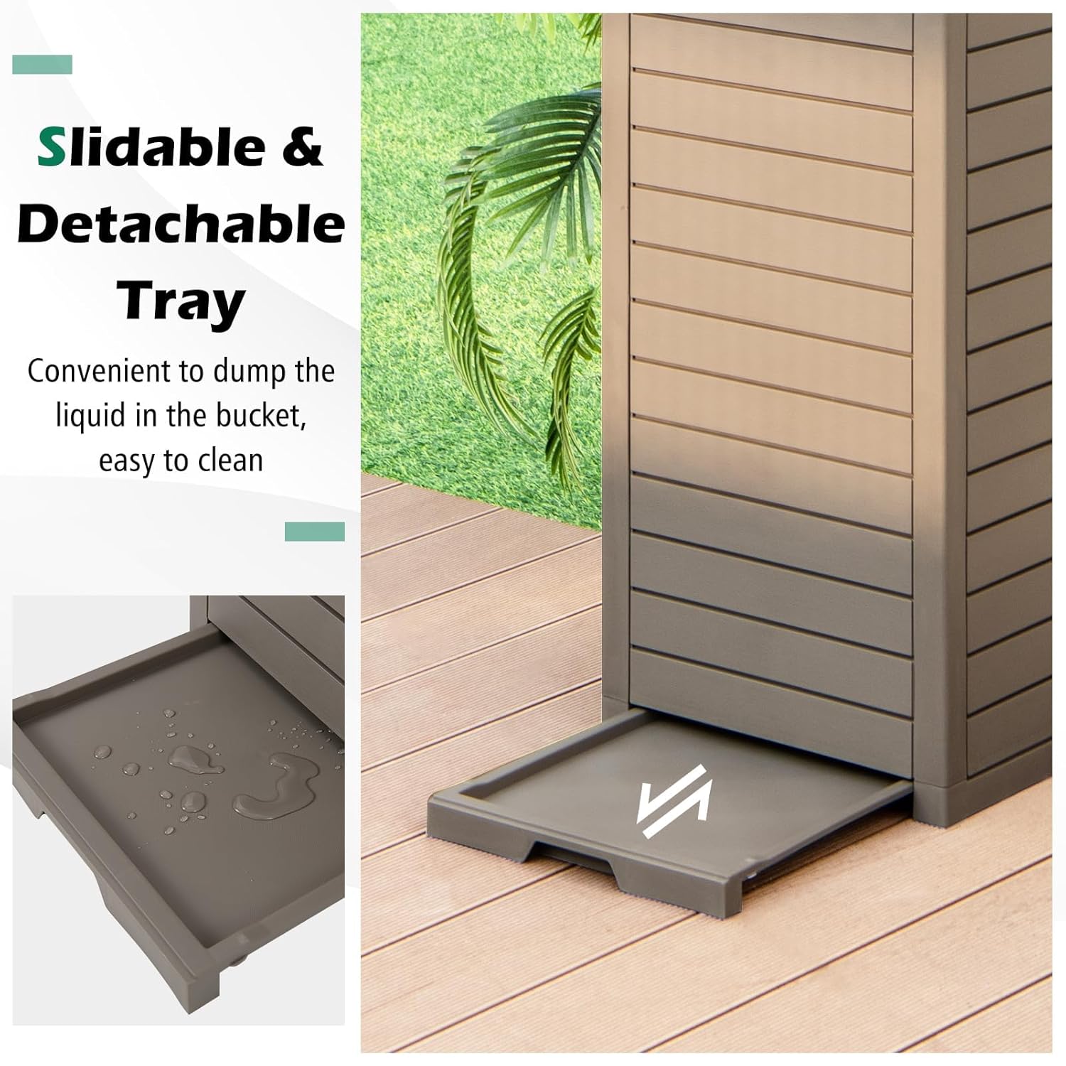 TANGZON 140L Outdoor Trash Can, Resin Trash Hideaway Waste Bin with Lid, Liquid Drawer & Built-in Handle, Waterproof Garbage Can Dustbin for Garden Patio Park Porch (Brown)