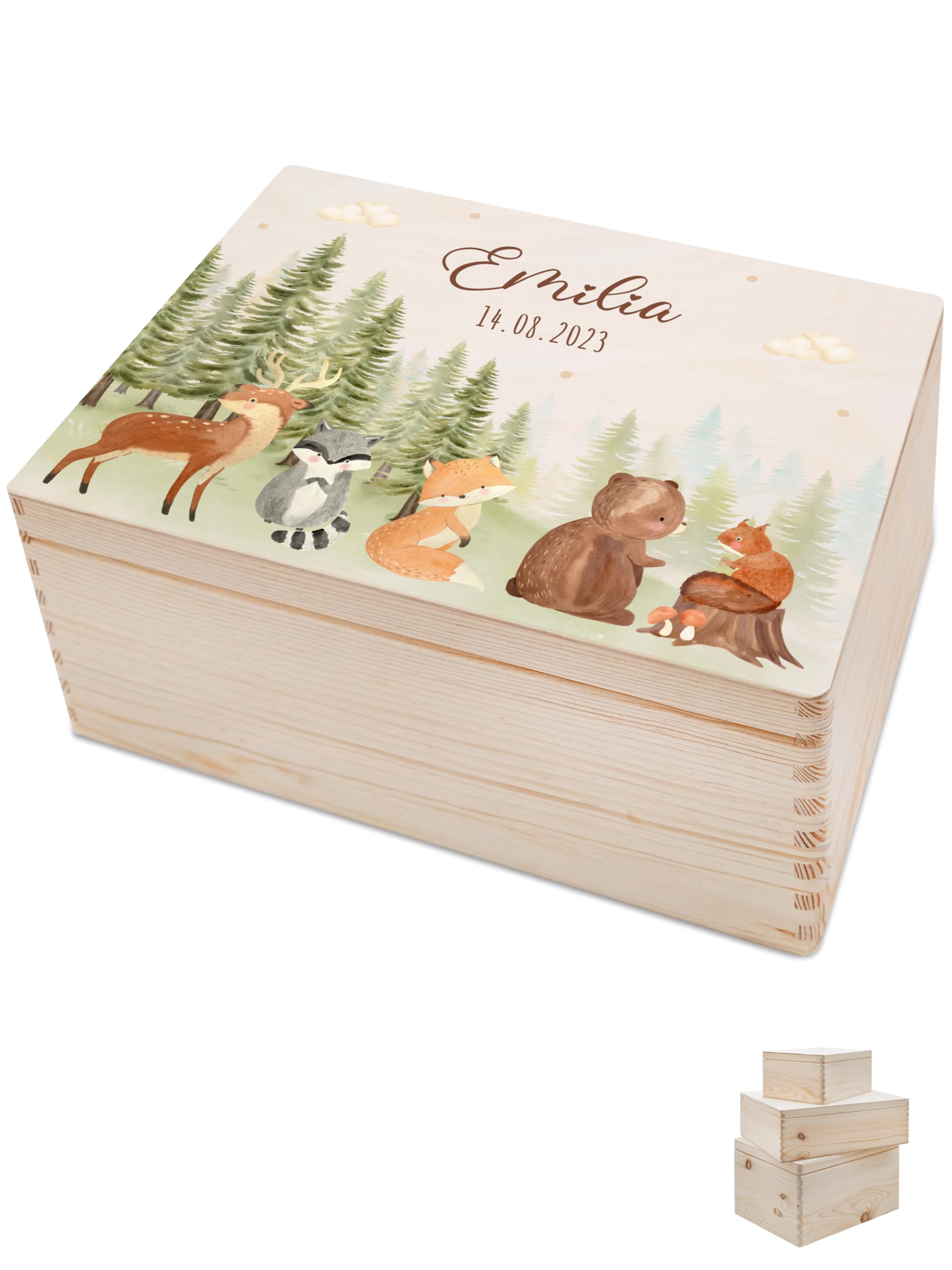 Bärenfreunde - Personalisierte Erinnerungsbox Baby mit Spezial-Druck - Individuelle Baby Erinnerungsbox - Erinnerungskiste aus Holz - Geschenk zur Geburt (M | Klappdeckel,Waldtiere Wolkenwald)