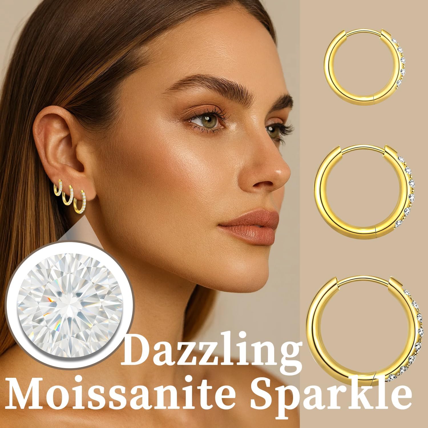 Dainty Moissanite Huggies: 3-Pair Hypoallergenic Earring Set in 14K Gold Plated G23 Titanium for Sensitive Ears, Tiny Cartilage & Wedding Hoops for Everyday Luxury - Image 2
