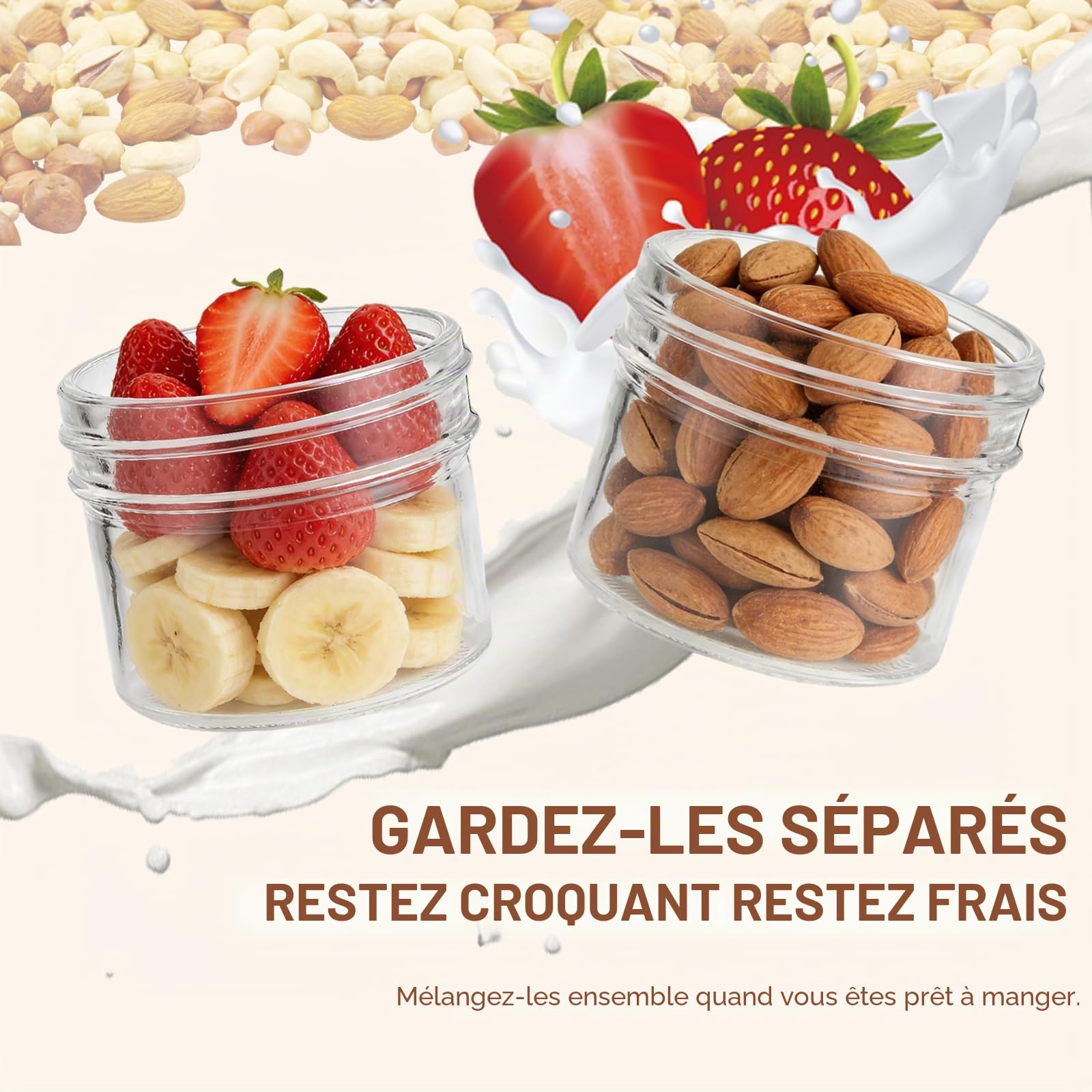 VITEVER Lot de 4 bocaux Overnight Oats, 16 oz Bocaux à yaourt-parfait à double paroi avec couvercle, Récipients en verre pour la préparation de repas, collations, overnight oats, yaourt, parfait