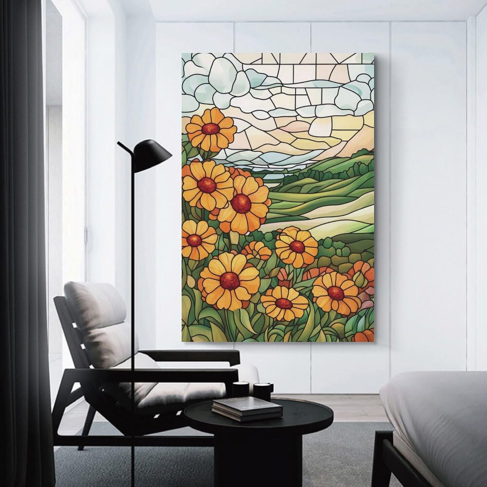 Junmoney Decorative Wall Artwork Stained Glass Flowers & Landscape, 20x30inch(50x75cm), for Lounge, Bedroom Or Personal Spaces, Gift Idea for Housewarming And Birthdays