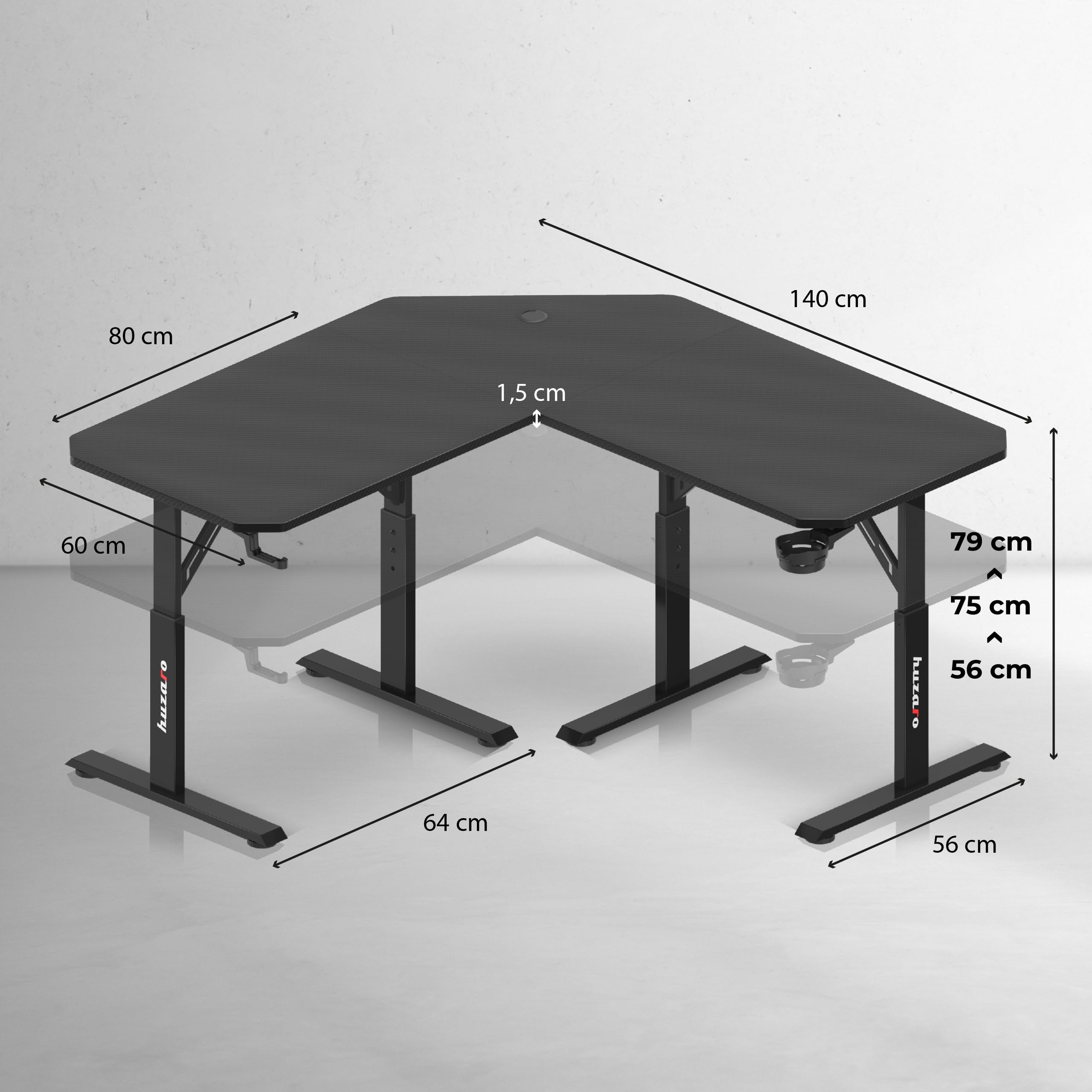 huzaro Hero 7.3 Eckschreibtisch 140x80 cm - Manuell höhenverstellbar | Platzsparendes Eckdesign für aufgeräumtes Setup - Robuste Oberfläche - Stabiler Gaming Tisch - Homeoffice und Lernen