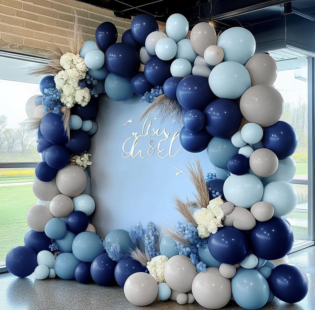 Navy Blue Balloon Arch Kit - Double Stuffed Dusty Light Blue Balloon Garland Dark Grey Latex Pastel Balloons for Baby Bridal Shower Birthday Wedding Graduation Party Decoration