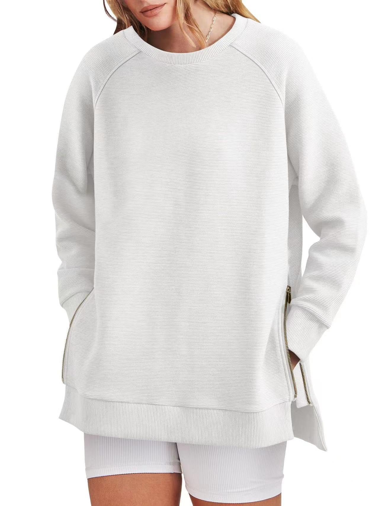 Damska bluza oversize z okrągłym dekoltem, tunika z długim rękawem, z bocznym zamkiem błyskawicznym, sweter z kapturem, wiosna, moda
