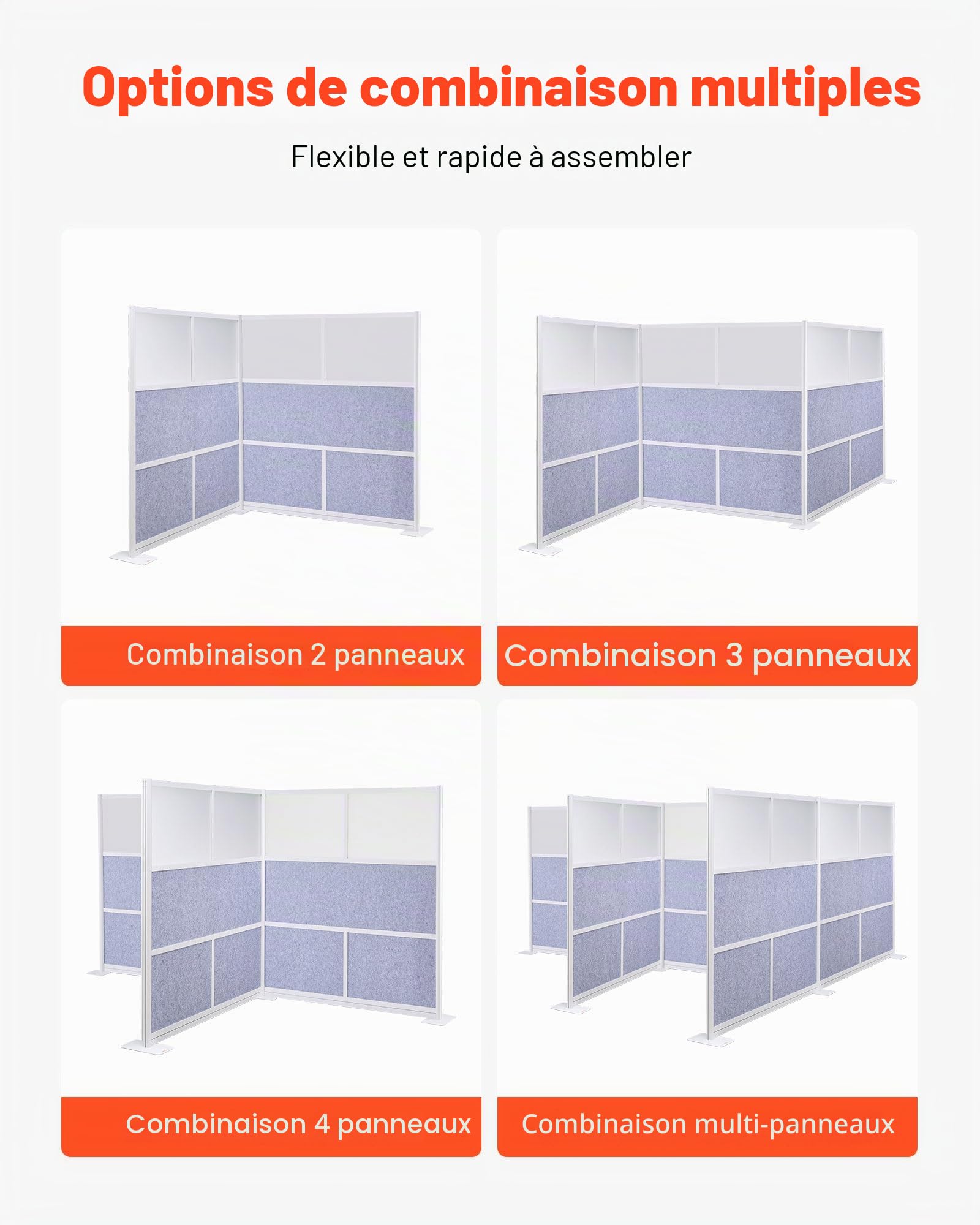 VEVOR Cloisons de Bureau, 178x178 cm, Cloison de Séparation de Poste de Travail Pet Modulaire, avec Fenêtres Givrées, Panneau de Confidentialité Autoportants de Pièce pour Bureau, Bibliothèque, École