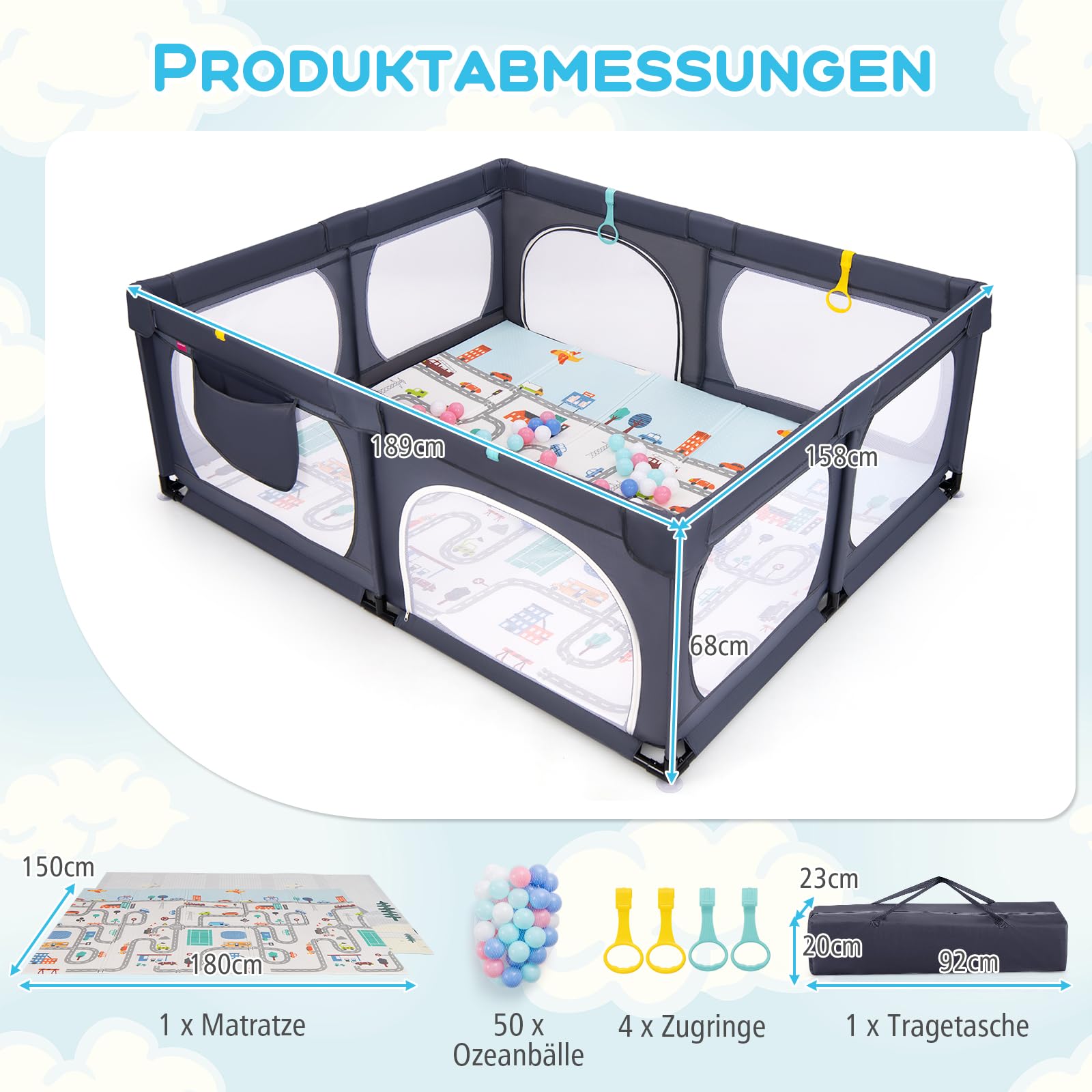 DREAMADE Laufstall Baby, 189 x 158 cm Laufgitter mit Matratze & 4 Zugringen & 50 Ocean Bällen & Tragetasche, Großes Schutzgitter für Baby & Kleinkinder 0-3 Jahren (mit Matratze,Dunkelgrau)
