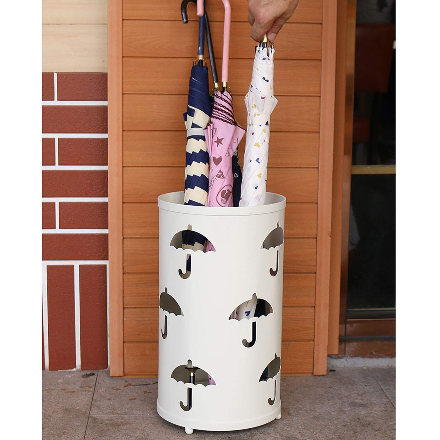 Porte-parapluie en métal avec design creux circulaire étanche et antirouille pour parapluies, cannes de marche, décoration blanche élégante