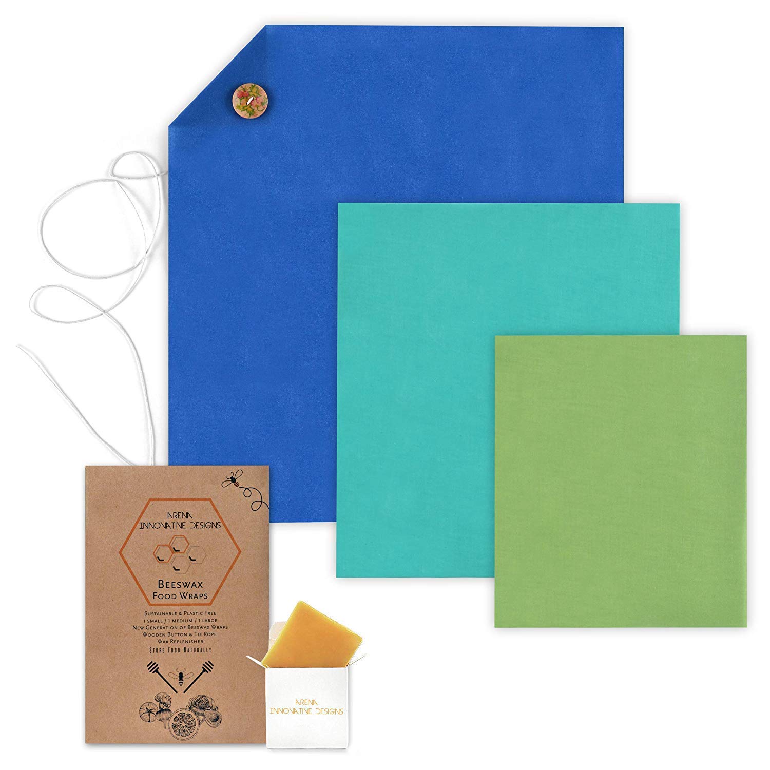 Organic Beeswax Wraps | Reusable, Eco-Friendly Food, Sandwich, Snack Wrap | Plastic Free | Premium Set of 6, 1 Large, 1 Medium, 1 Small Wrap, Button, Tie and Refresh Wax for Longer Usage