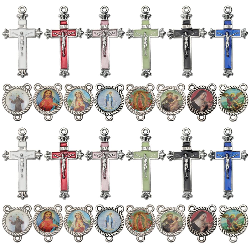 SUNNYCLUE 1 Box 48Pcs 14 Styles Rosary Charms Center Medal Charms Bulk Antique Silver Vintage Easter Cross Crucifix Rosary Pendants for Jewellery Making Supplies DIY Craft Findings Necklace Bracelet