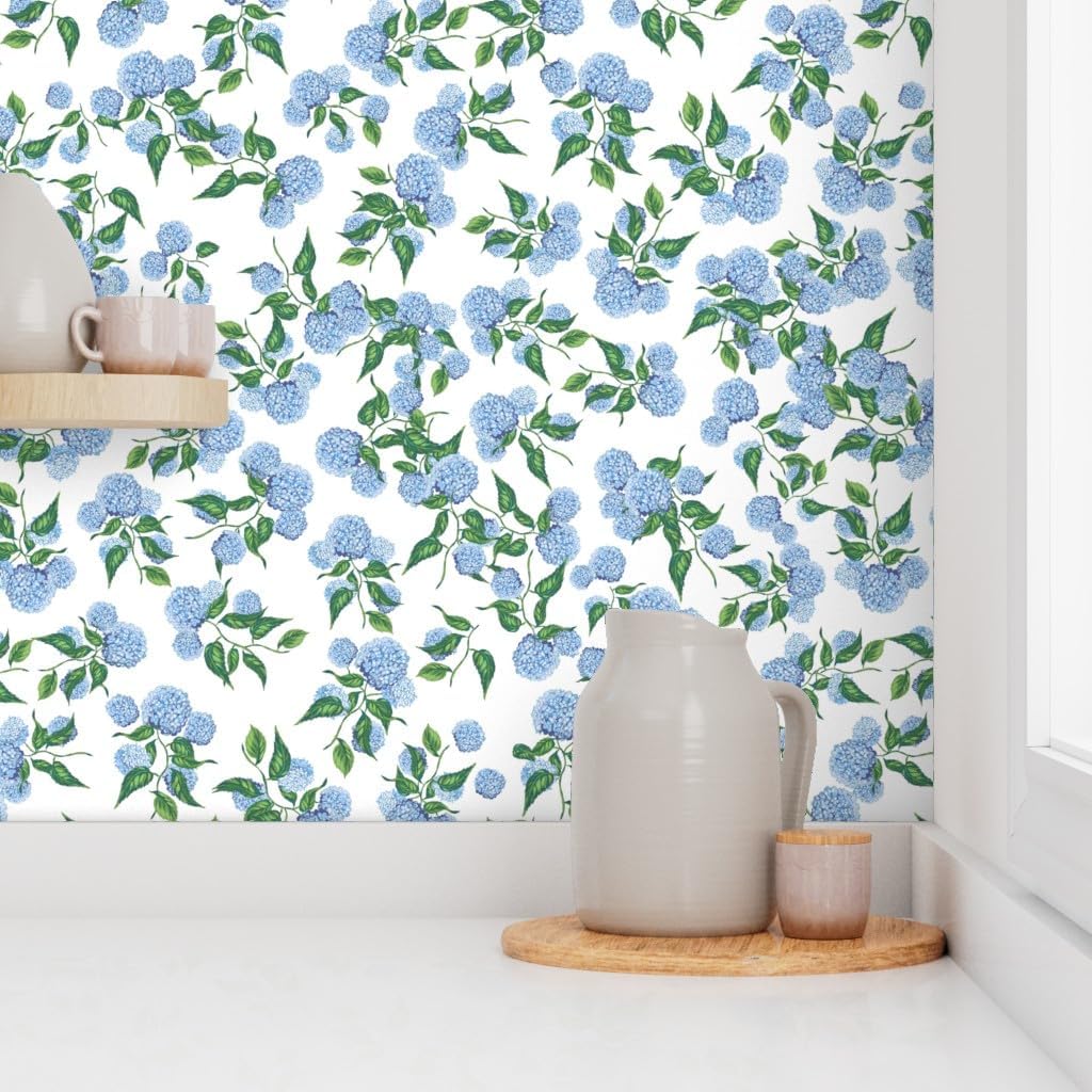 Peel & Stick Wallpaper 3ft x 2ft - Hydrangea Floral,Blue Green Botanical,Garden Bloom,Meadow,Hamptons,grandmillennial Custom Removable Wallpaper by Spoonflower
